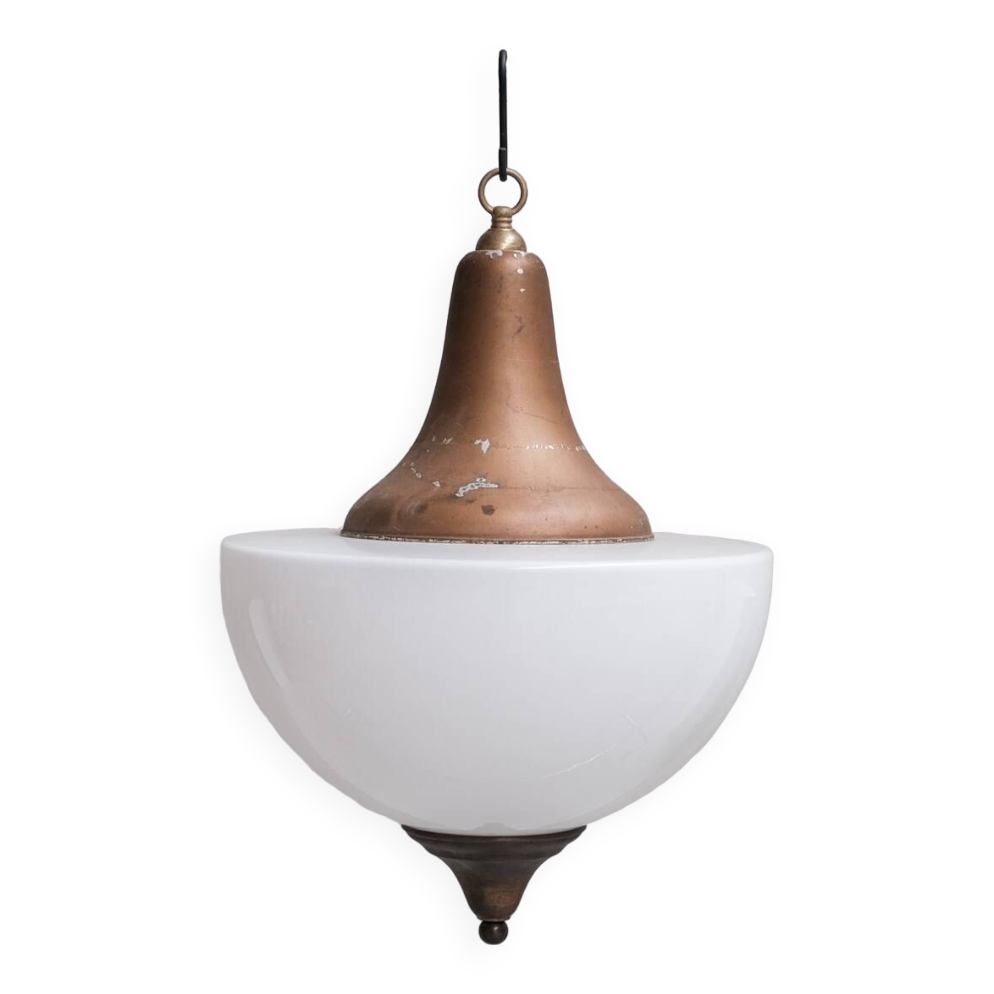 Large mid-century metal and opaline glass french pendant light