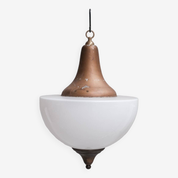 Large mid-century metal and opaline glass french pendant light