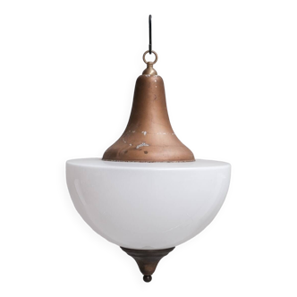 Large mid-century metal and opaline glass french pendant light