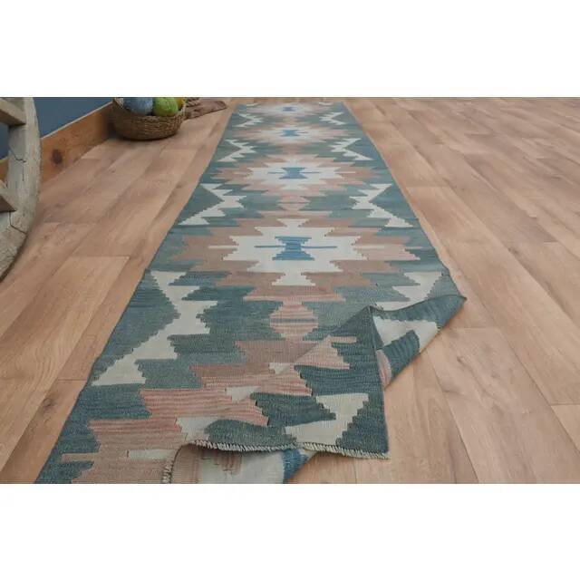 1970s Vintage Turkish Handmade Wool & Cotton Green Runner Rug  73x291