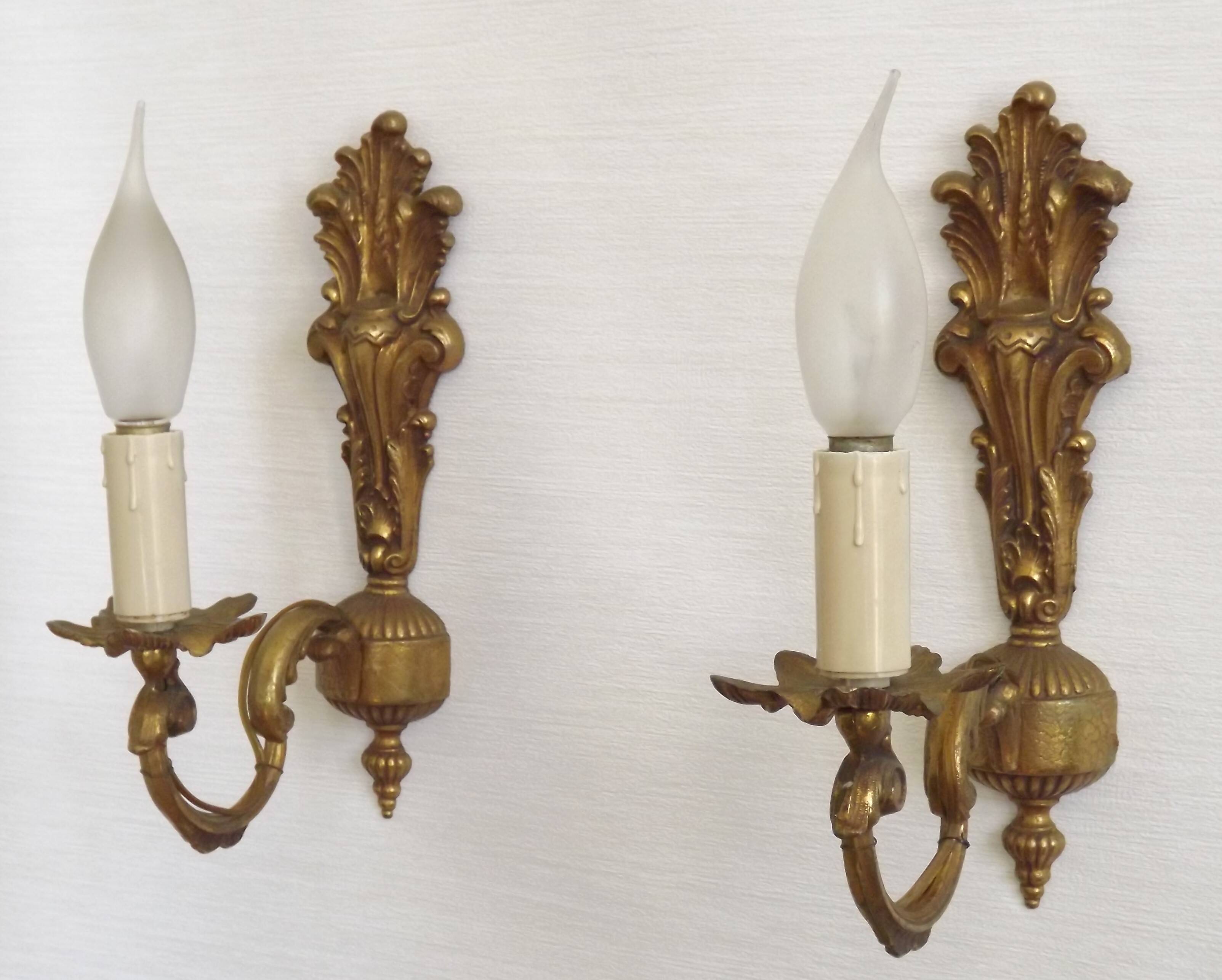 Pair French Gilt Bronze Single Wall Sconces Leaf & Feather Plume Detail