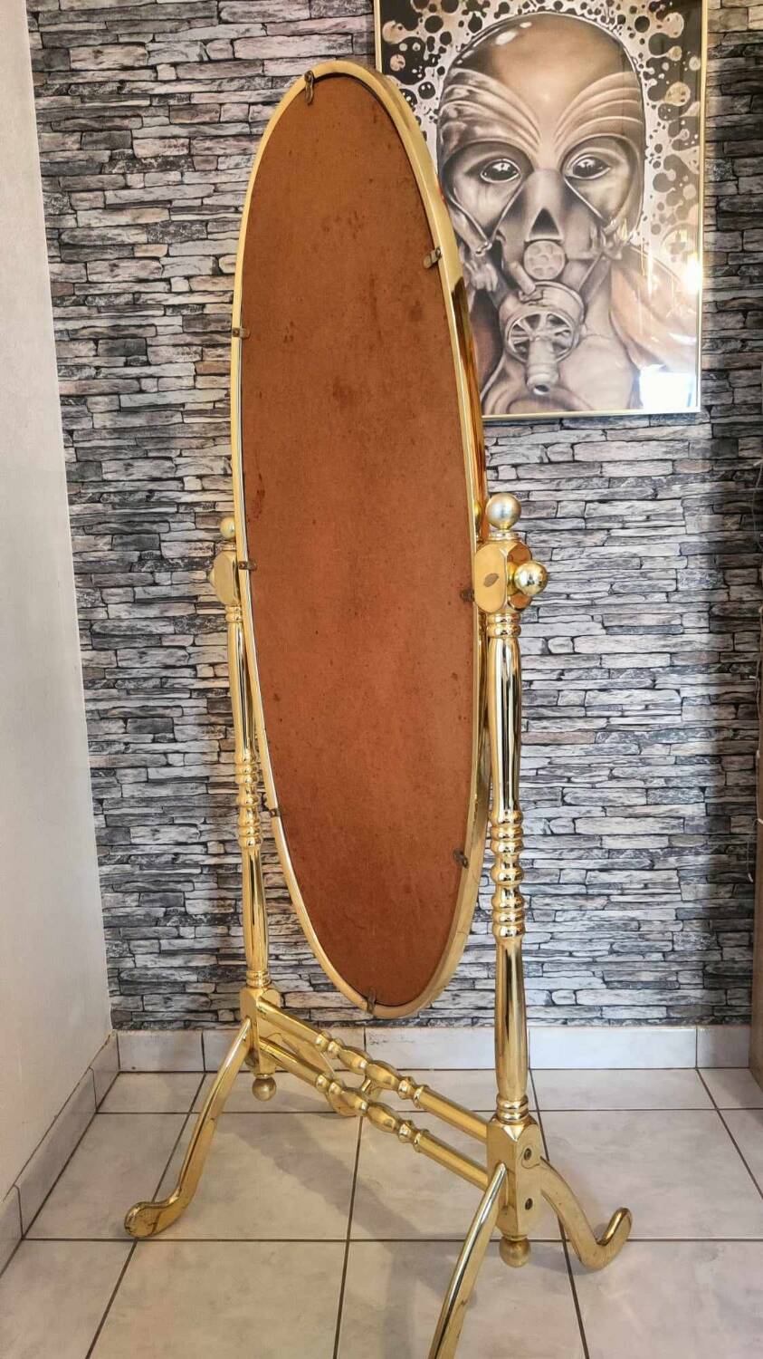 Vintage horse mirror in patinated steel with golden brass effect 1980