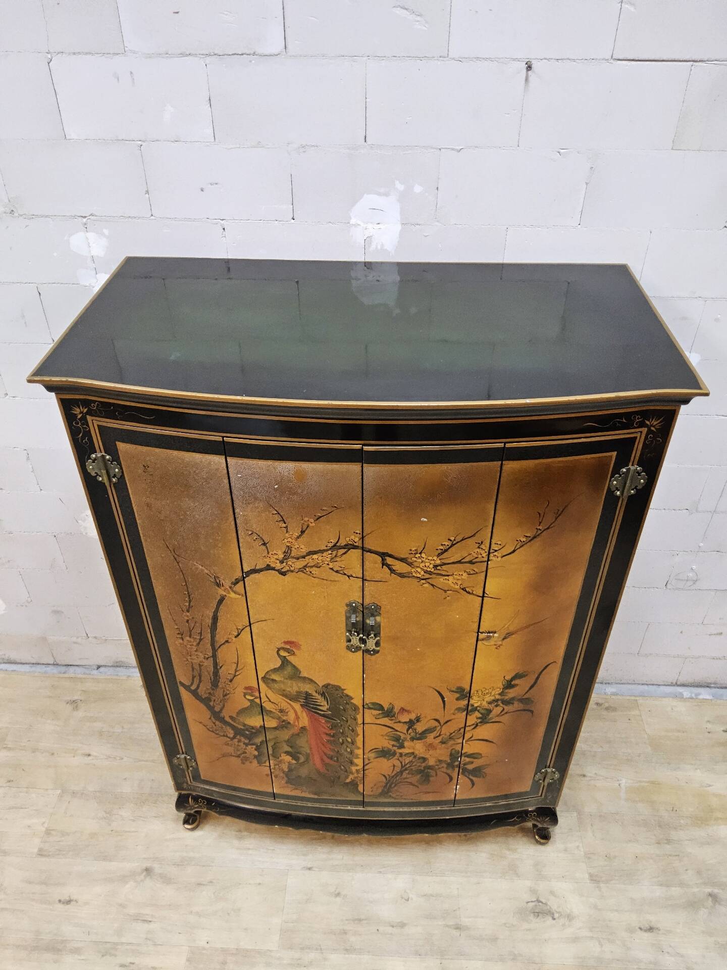 Vintage Chinese cabinet with gold leaf, flowers and peacock/ bohemian