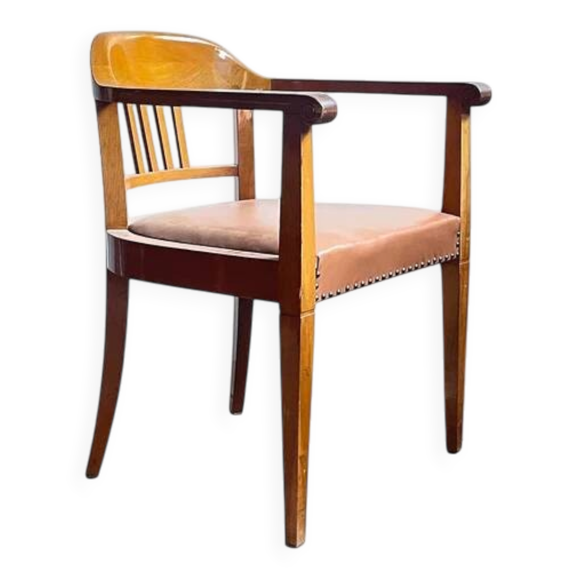 Swiss Art Deco Wood Armchair with Brown Leather Seat, 1930s