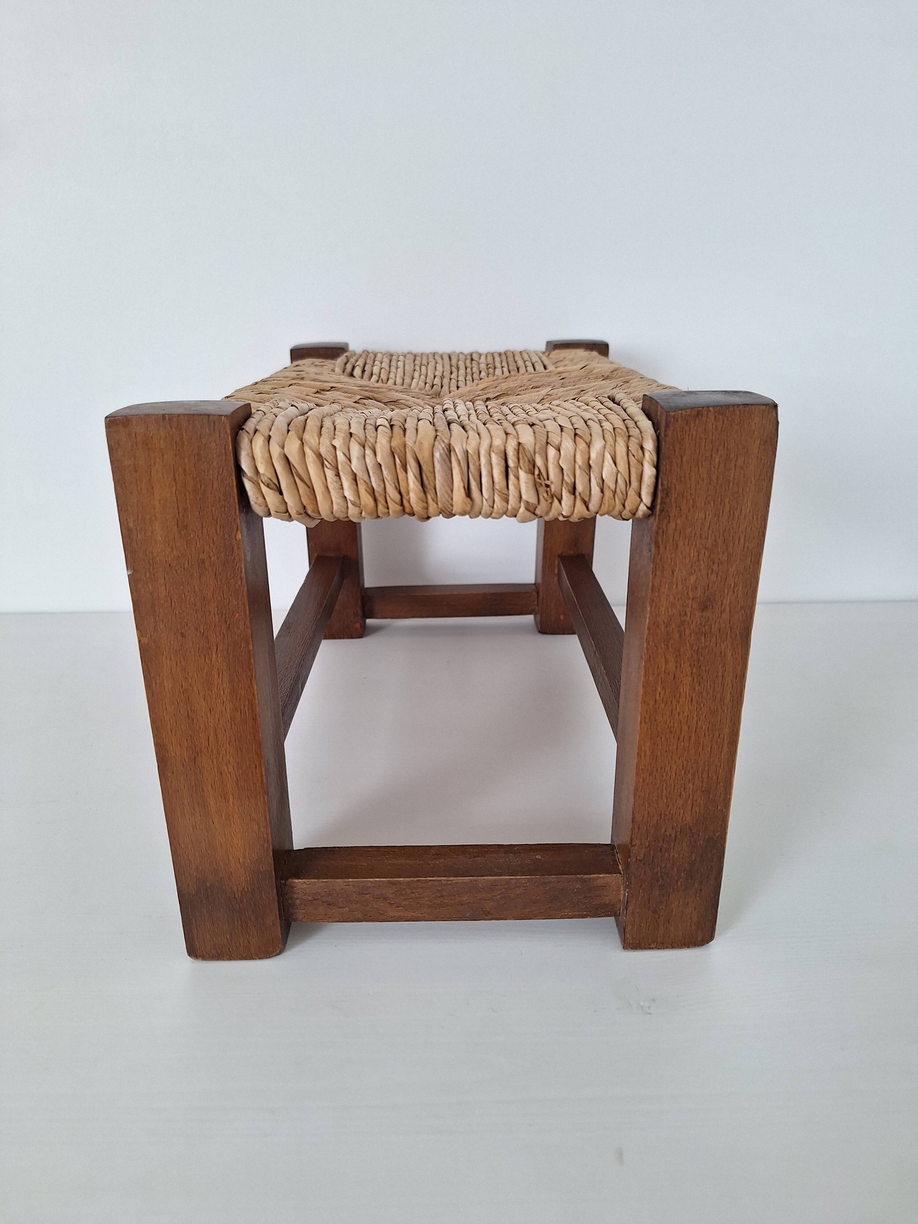 Marche pied / Tabouret en bois et paille