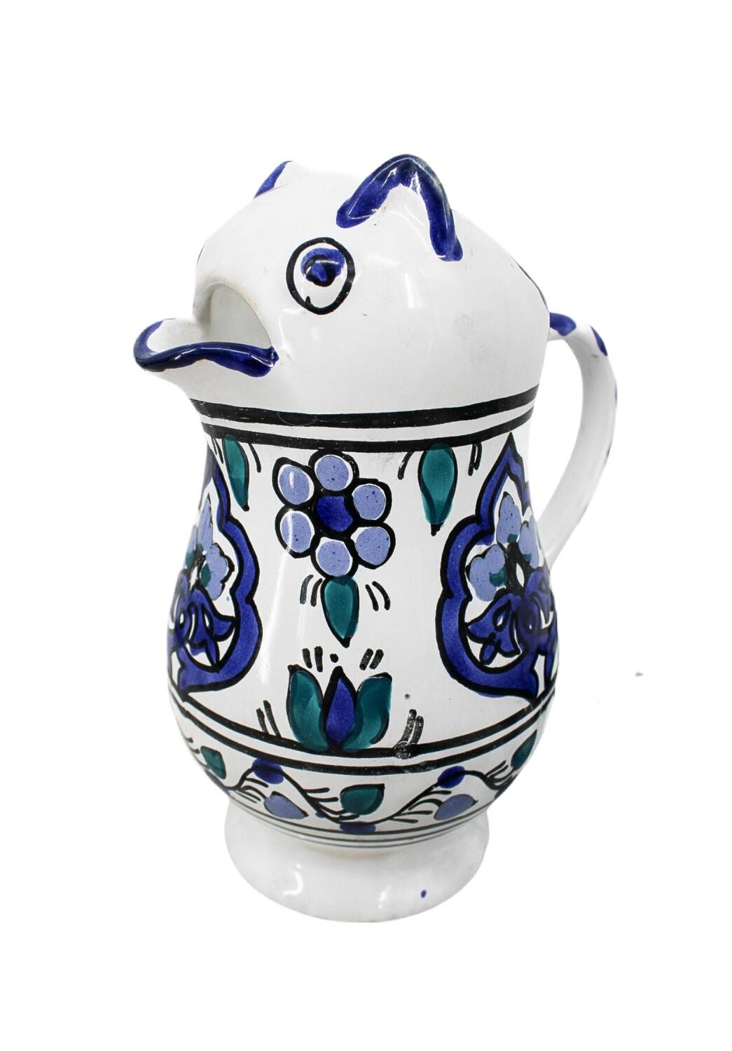 Vintage blue and green ceramic cat-shaped jug carafe