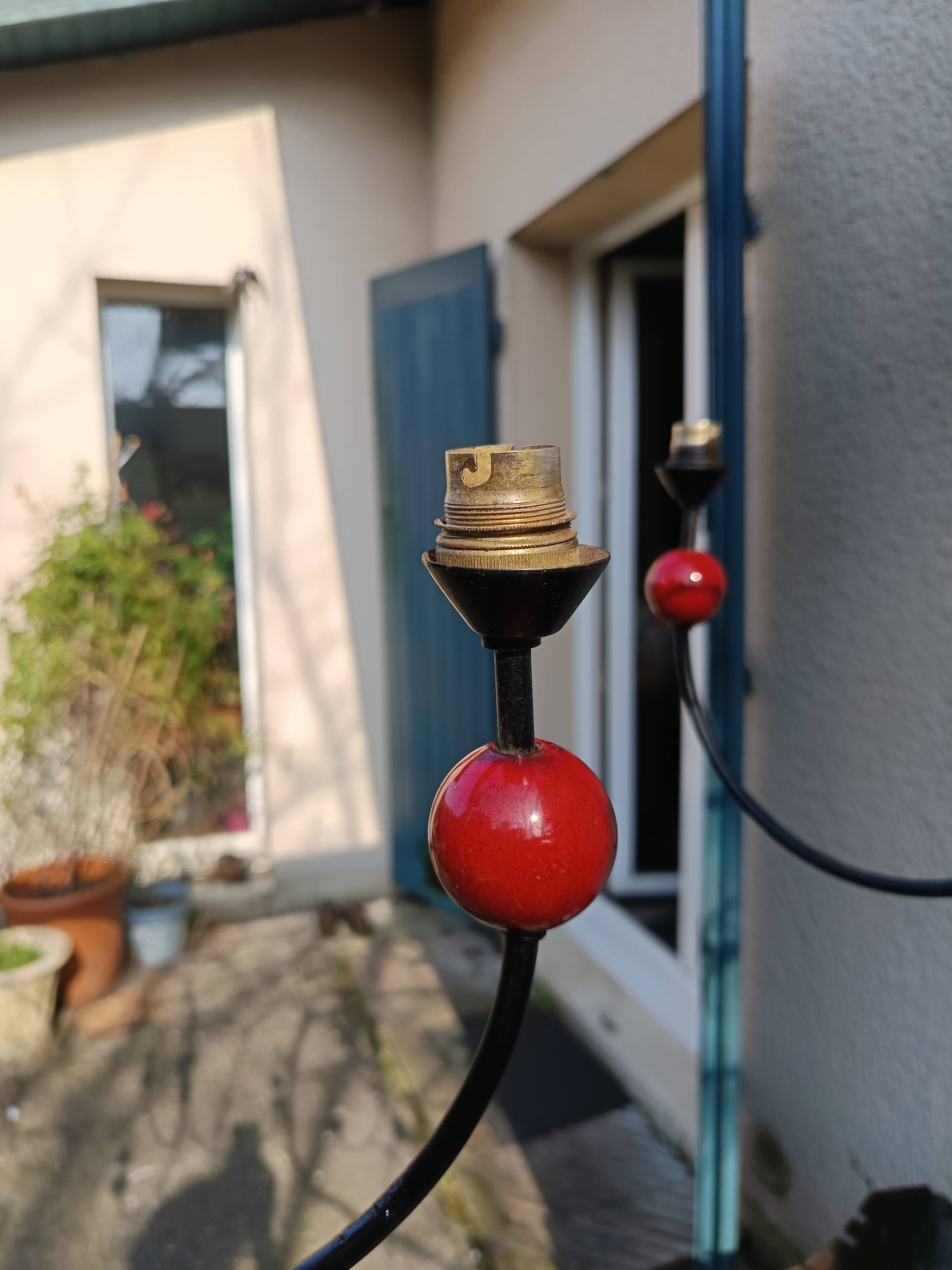 pair of vintage black metal chandeliers with red balls 1950/1970