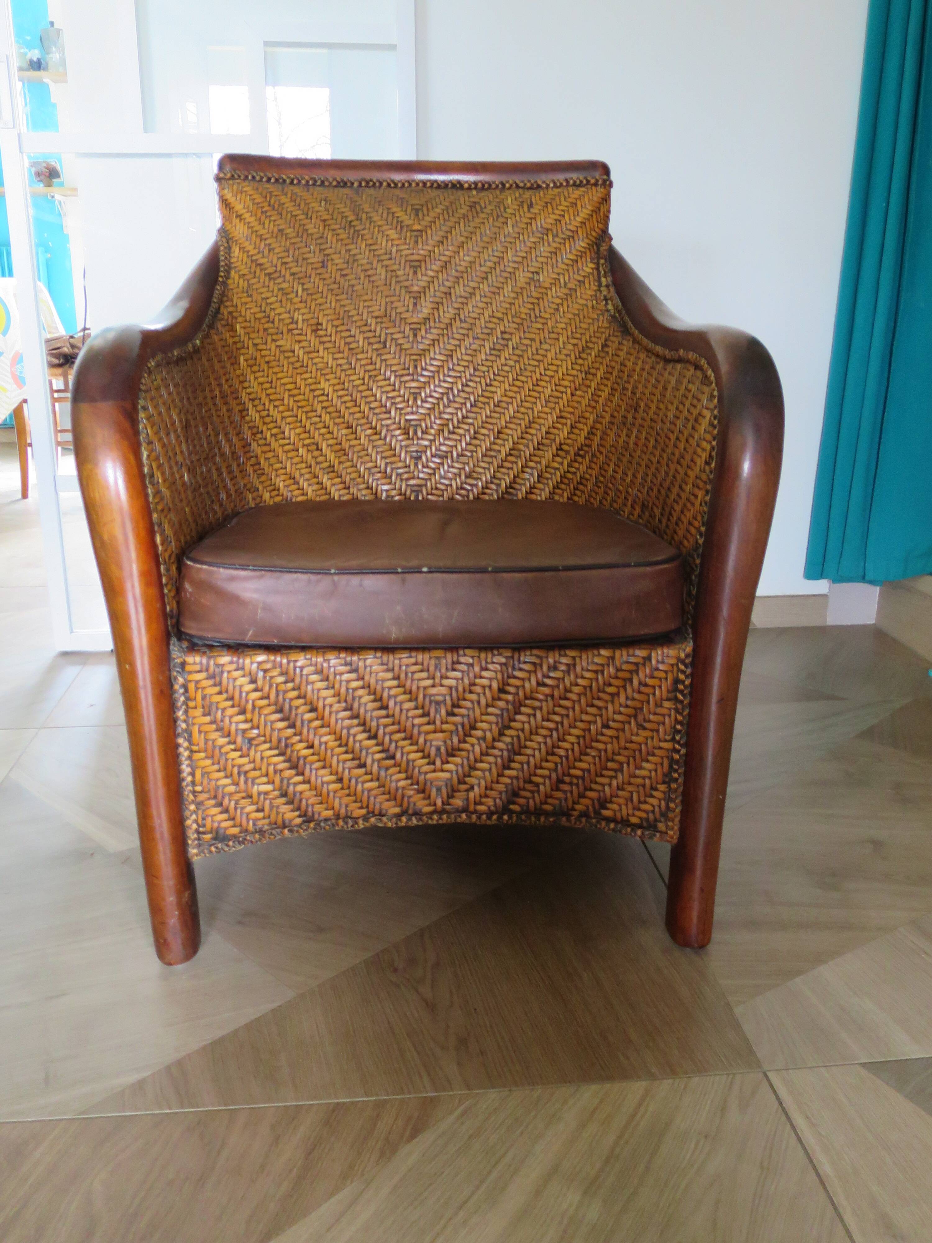 Woven rattan armchair and exotic wood - Colonial style - 1980s