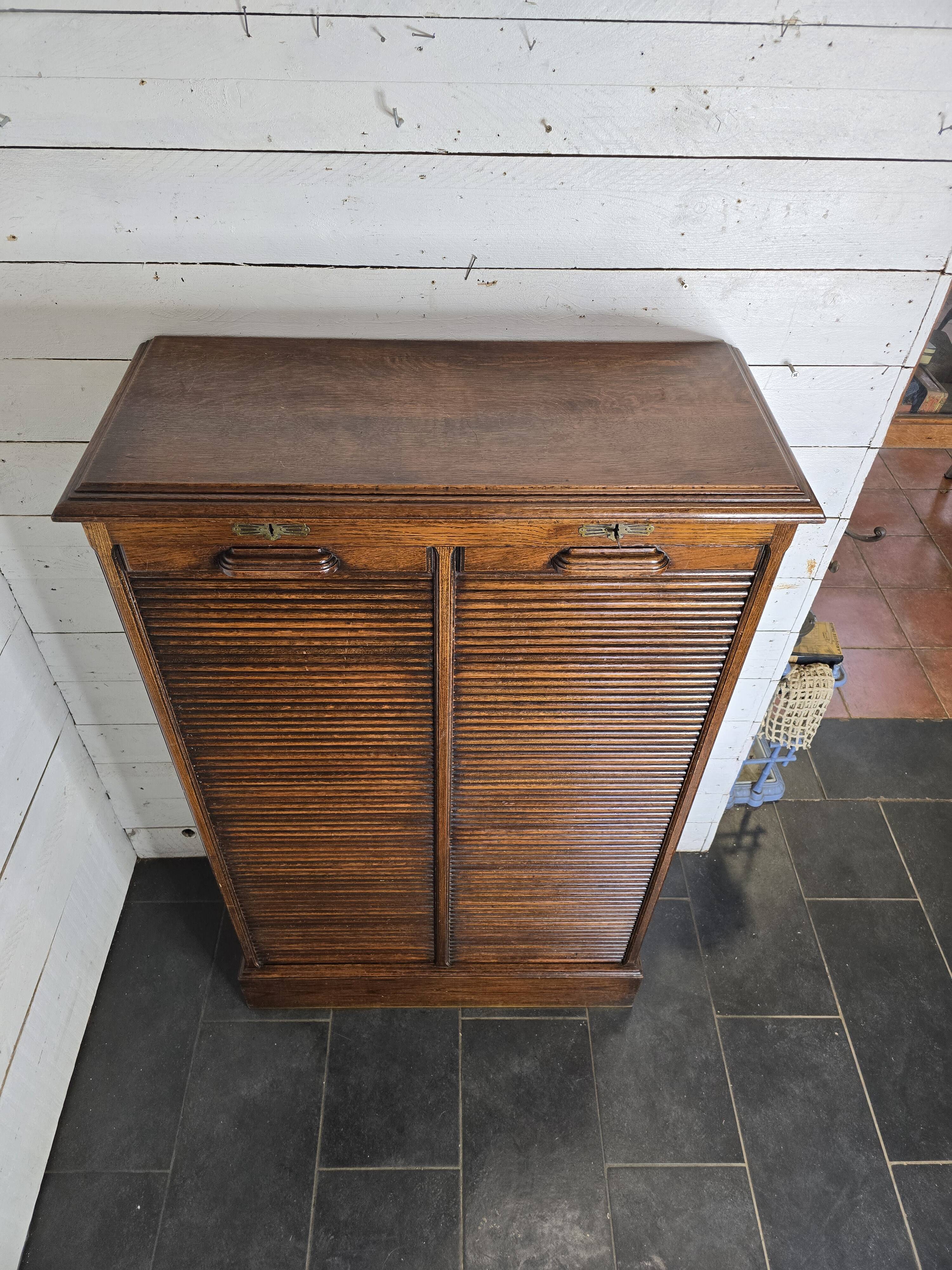 Solid oak double curtain filing cabinet