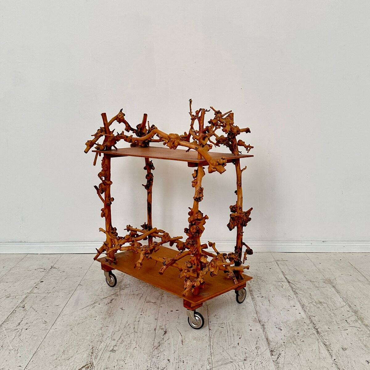 Mid-Century Bar Cart in Brown Burl, Plywood and Root Wood, 1960s