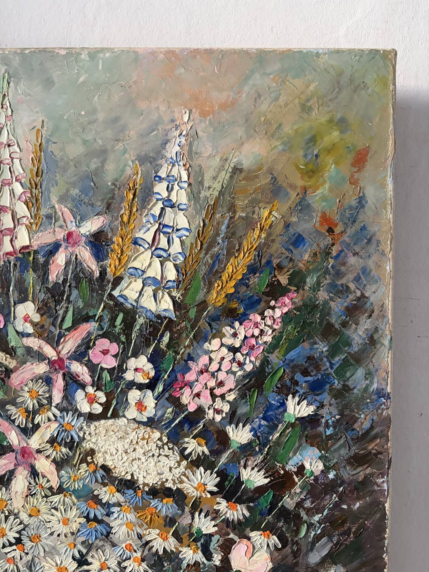 Wildflower bouquet with foxgloves, knife oil painting signed H Barro.