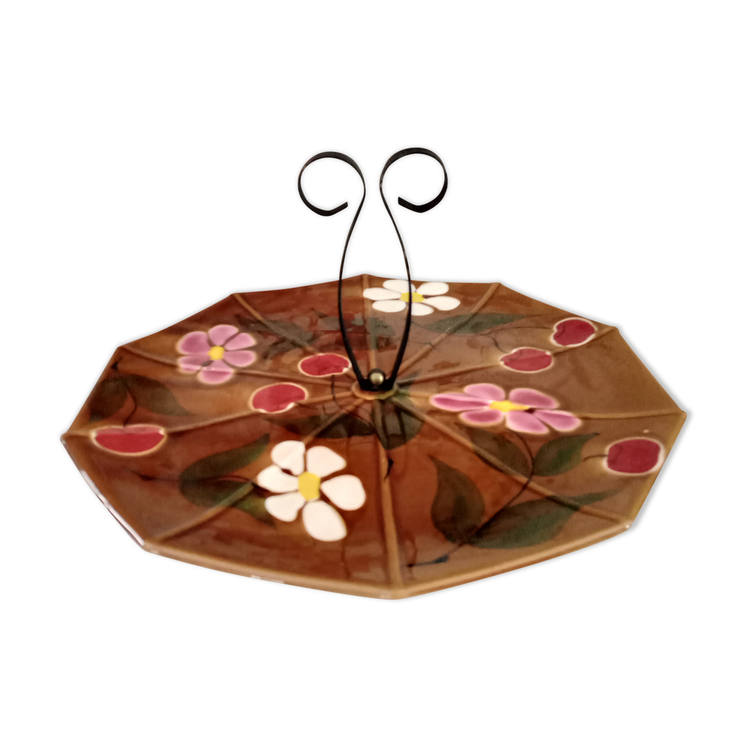 Vintage cheese platter in brown enamelled ceramic décor cherries and daisies