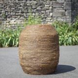 Very large old basket, burgundy straw and bramble, woven basket