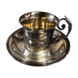 Old cooper cup and saucer silver metal vintage engraved decor