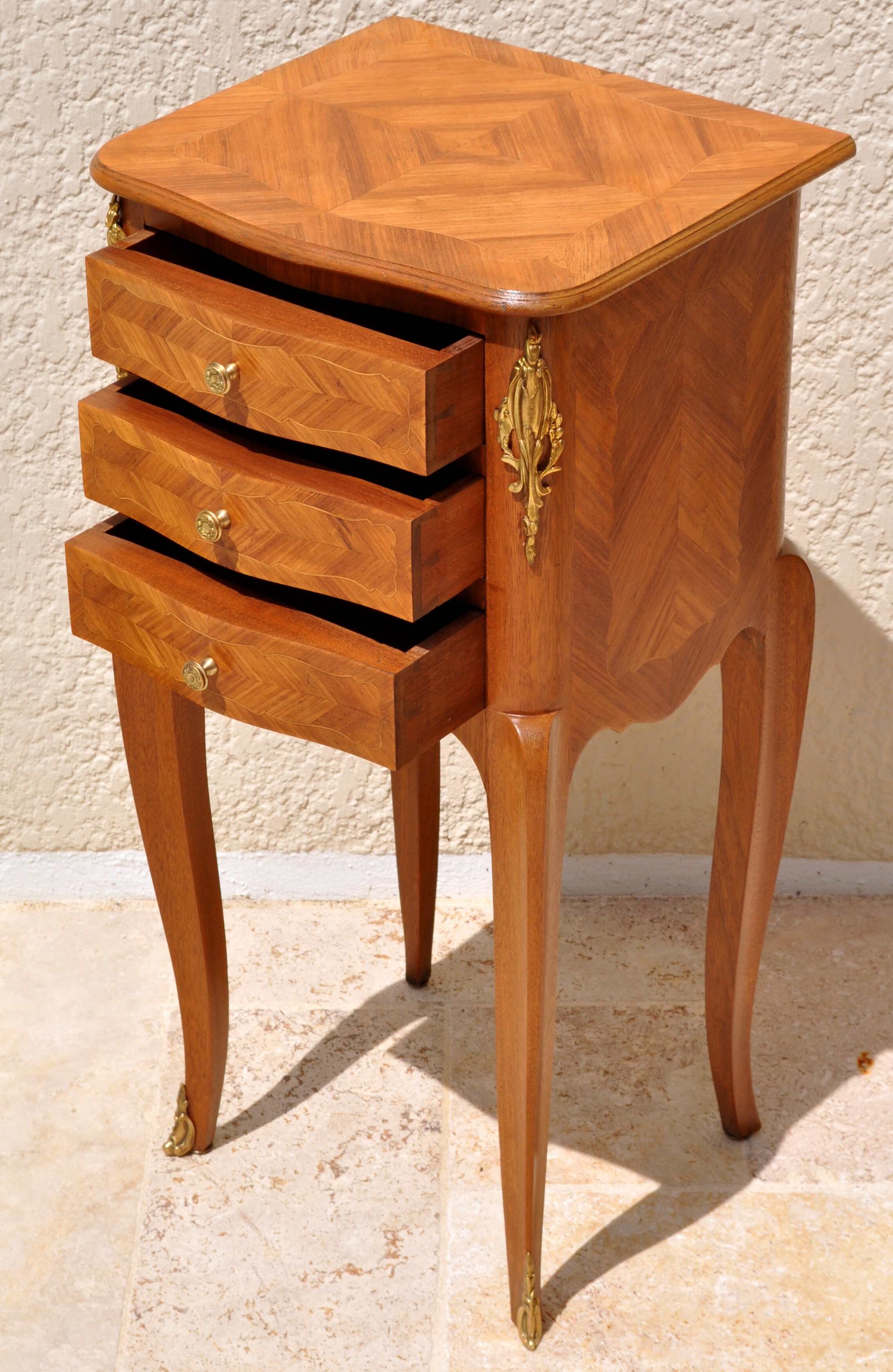 Marquetry Louis XV 3 drawers bedside table