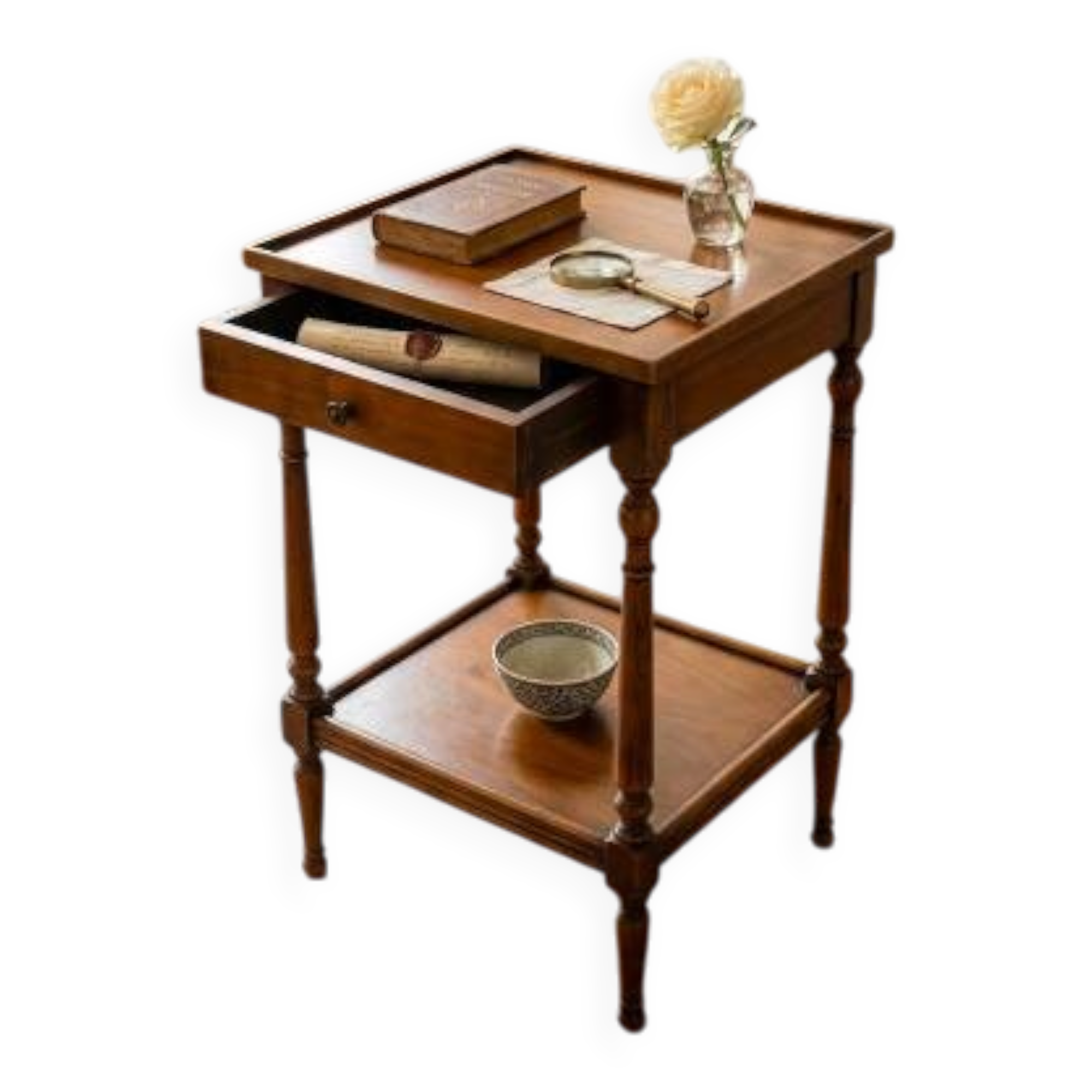 Small side table in Louis Philippe style with a patinated wood finish.