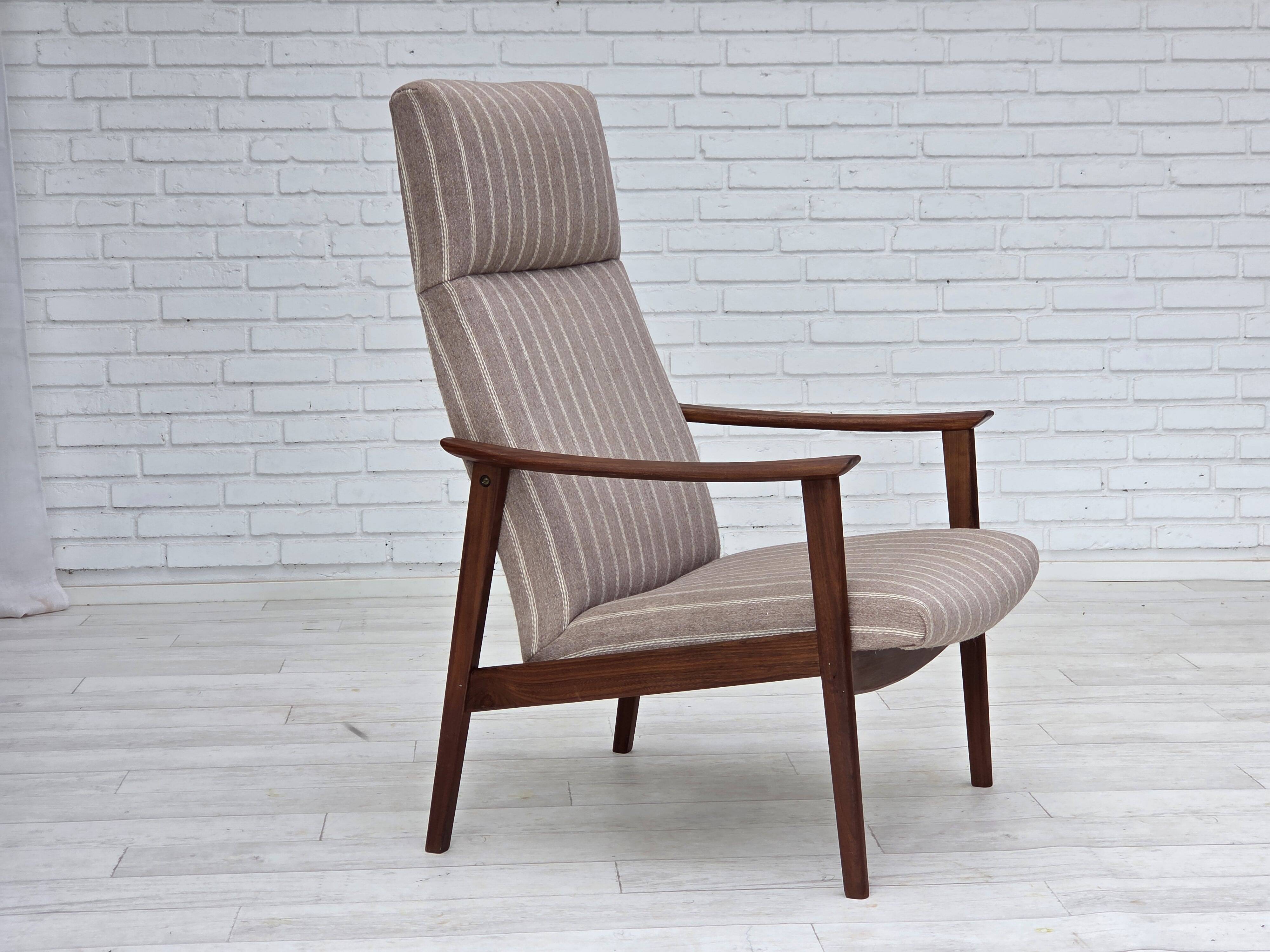 1970s, Danish highback armchair, furniture wool, teak wood, original.