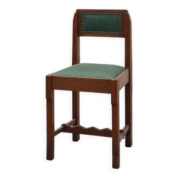 Belgian Art Deco oak side chair with  green upholstery, modernist 1920s