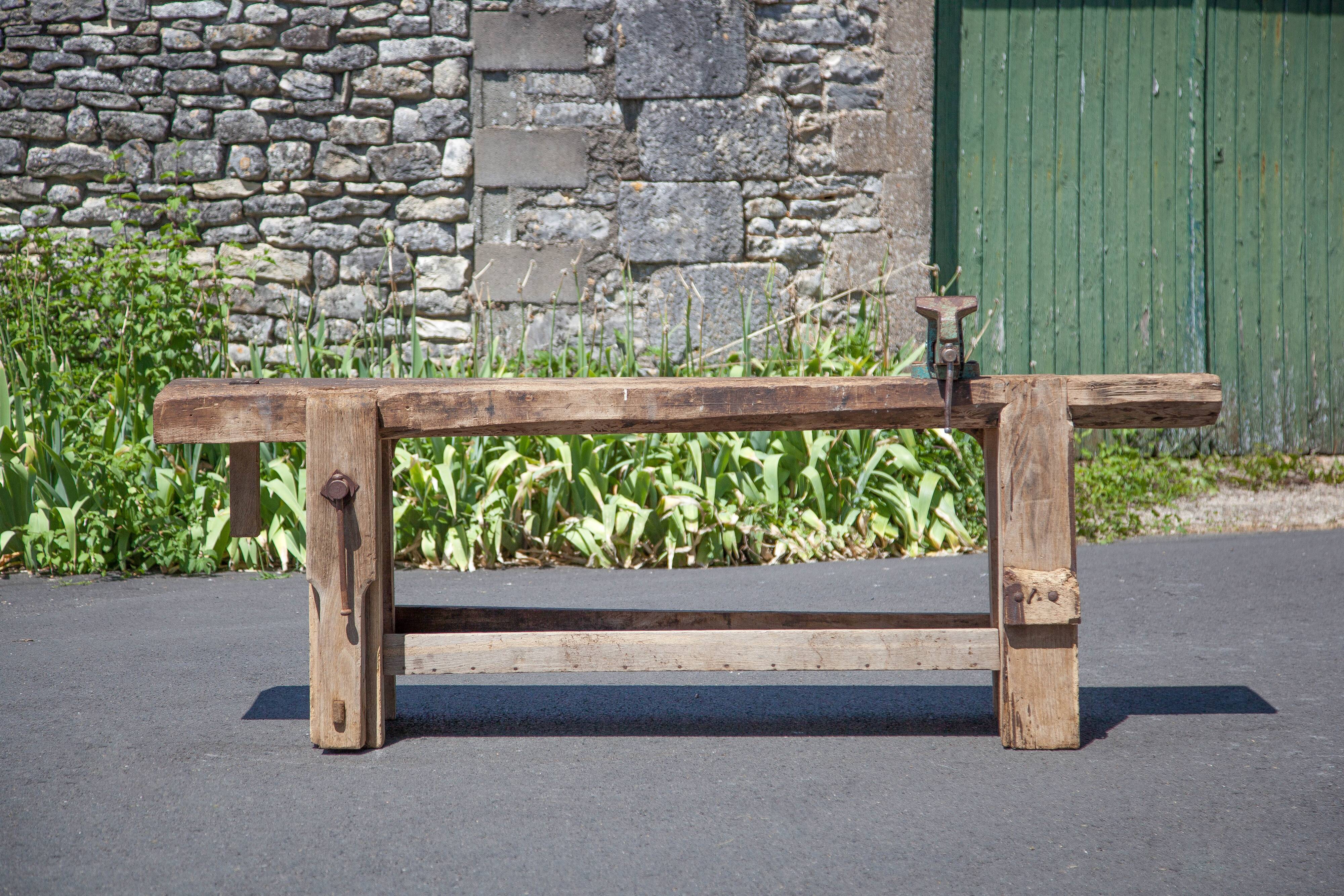 Large carpenter's workbench, old workbench, wooden workbench, industrial decoration