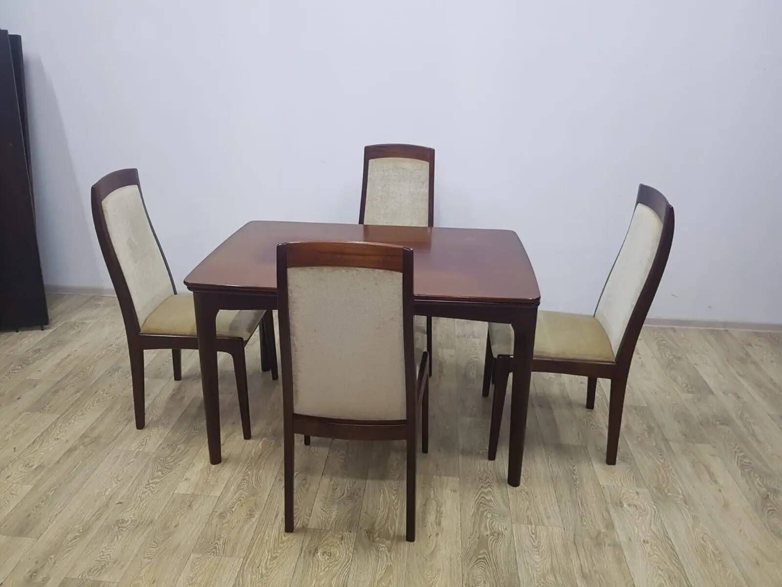 Table and four chairs set, brown wood, beige fabric, Denmark, 1970s.