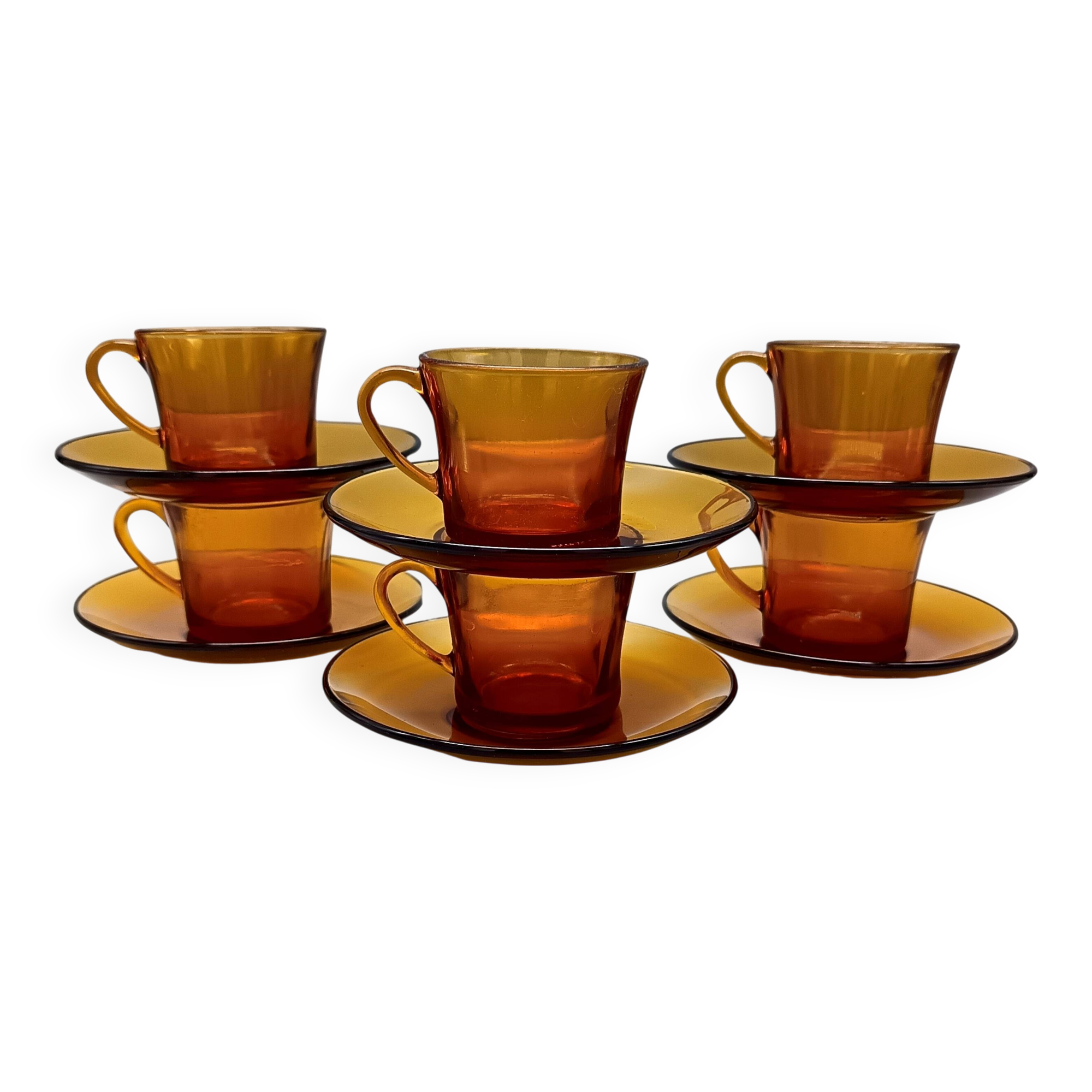 6 DURALEX CUPS with SAUCERS amber color France vintage