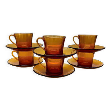 6 TASSES DURALEX avec SOUCOUPES couleur ambre France vintage