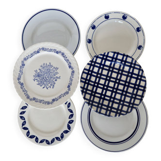 6 assiettes à dessert vintage dépareillées en faïence et porcelaine bleue et blanche