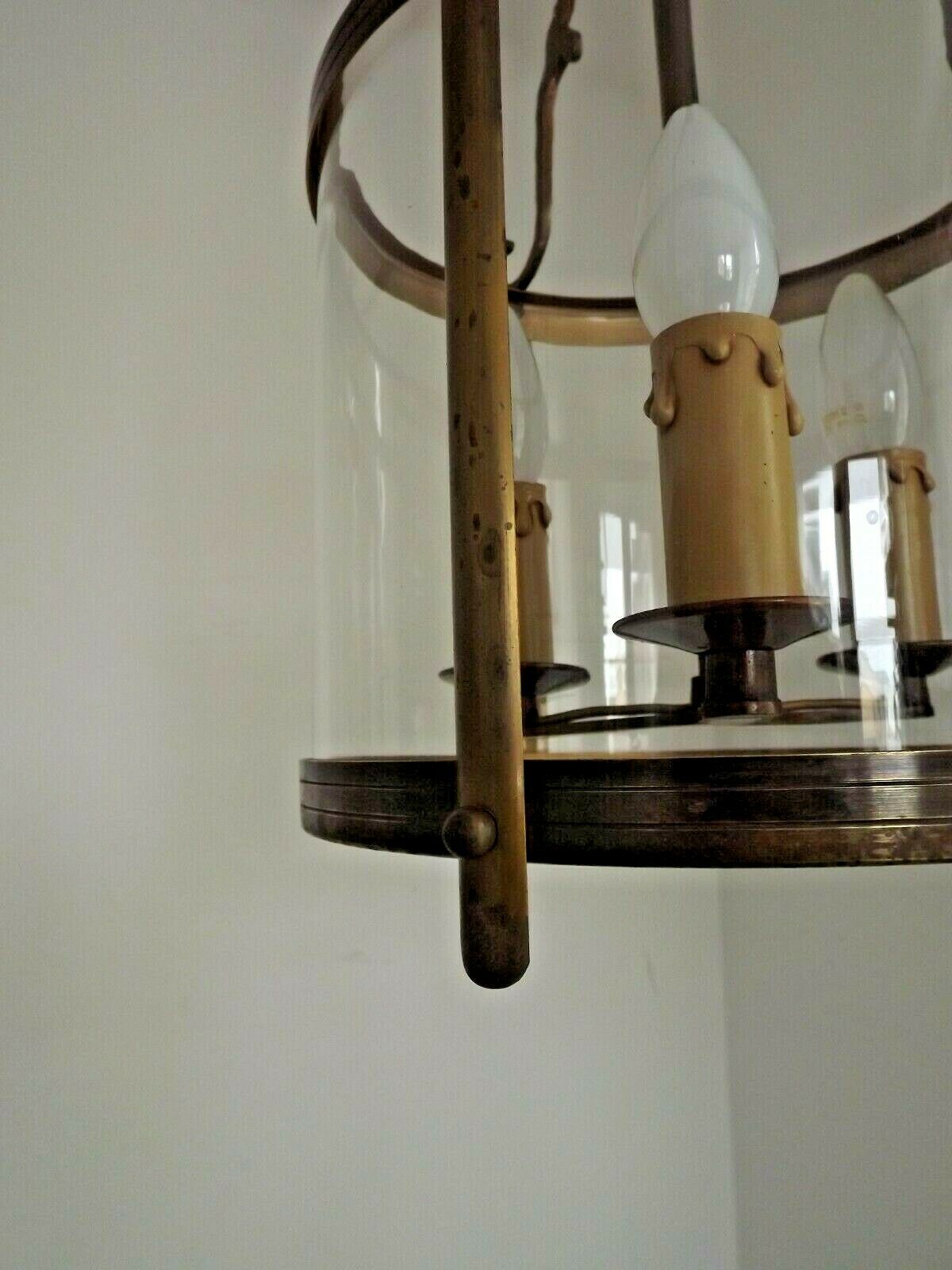 Large Vintage French Brass Cylindrical Glass 3 Light Hanging Hall Lantern