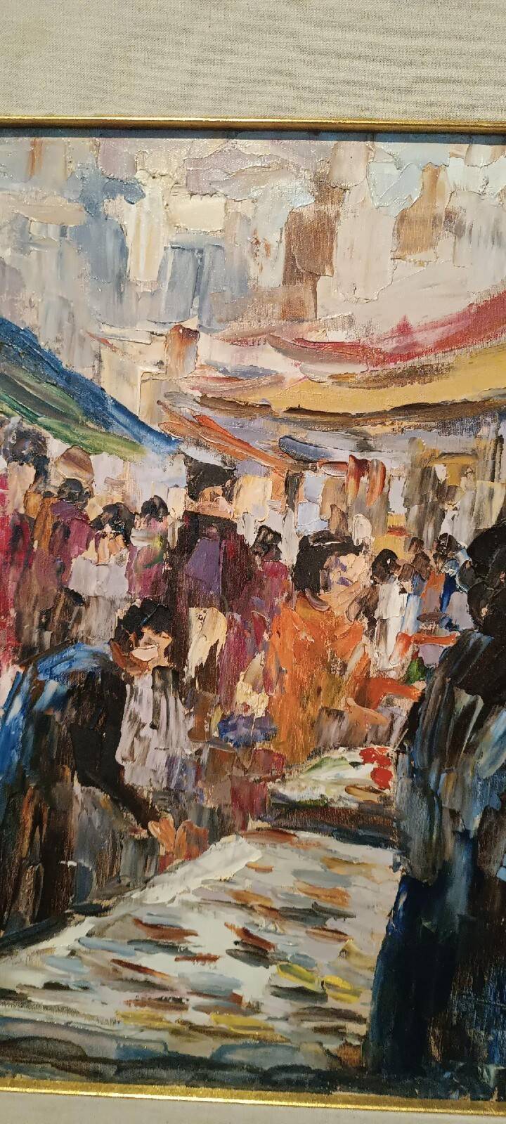 Oil painting on canvas "fish market" 70s canvas 70x50 cm signed
