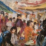 Oil painting on canvas "fish market" 70s canvas 70x50 cm signed