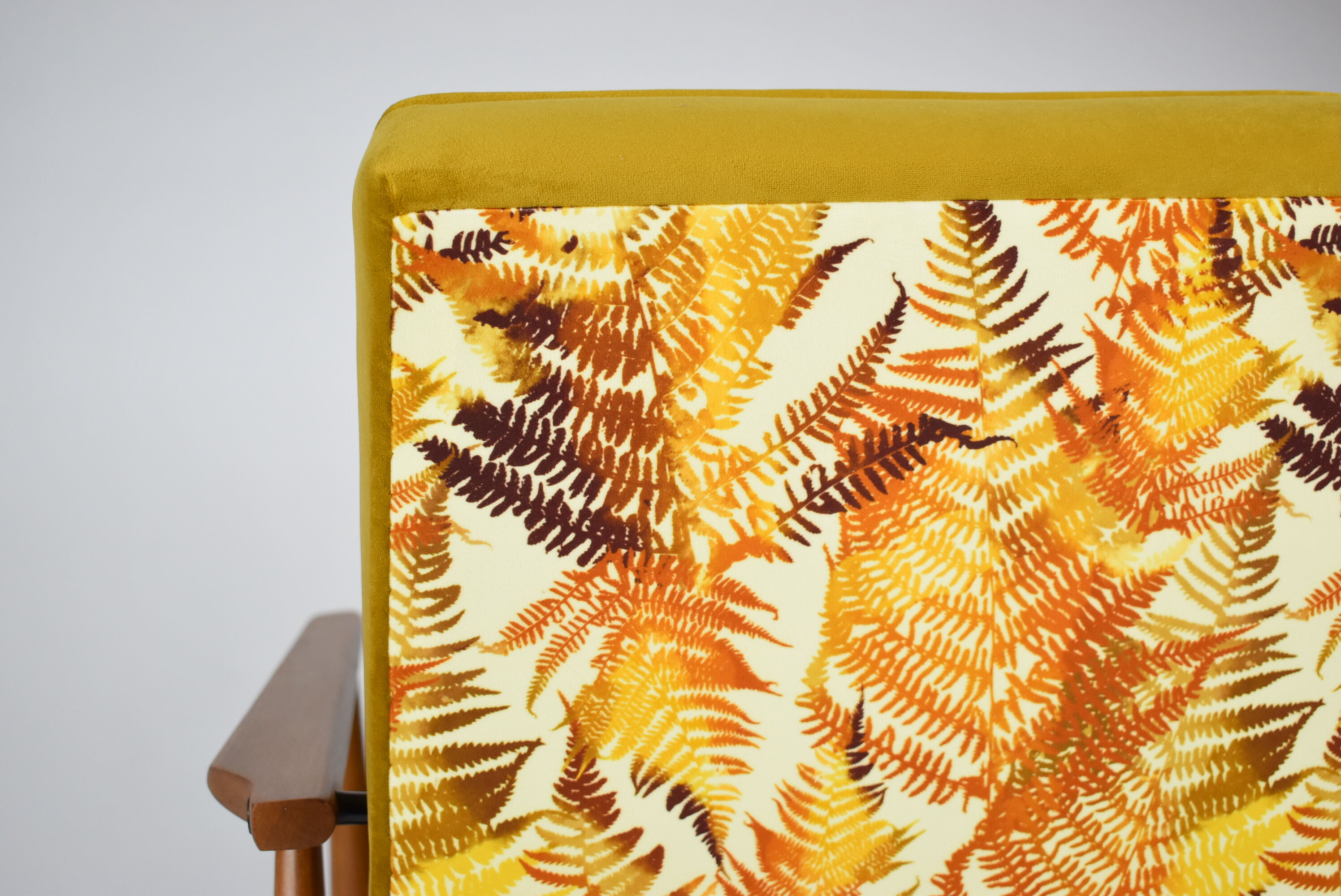 Polish vintage armchair "Fox" designed by H. Lis, fully renovated, 60s, yellow velvet-golden autumn