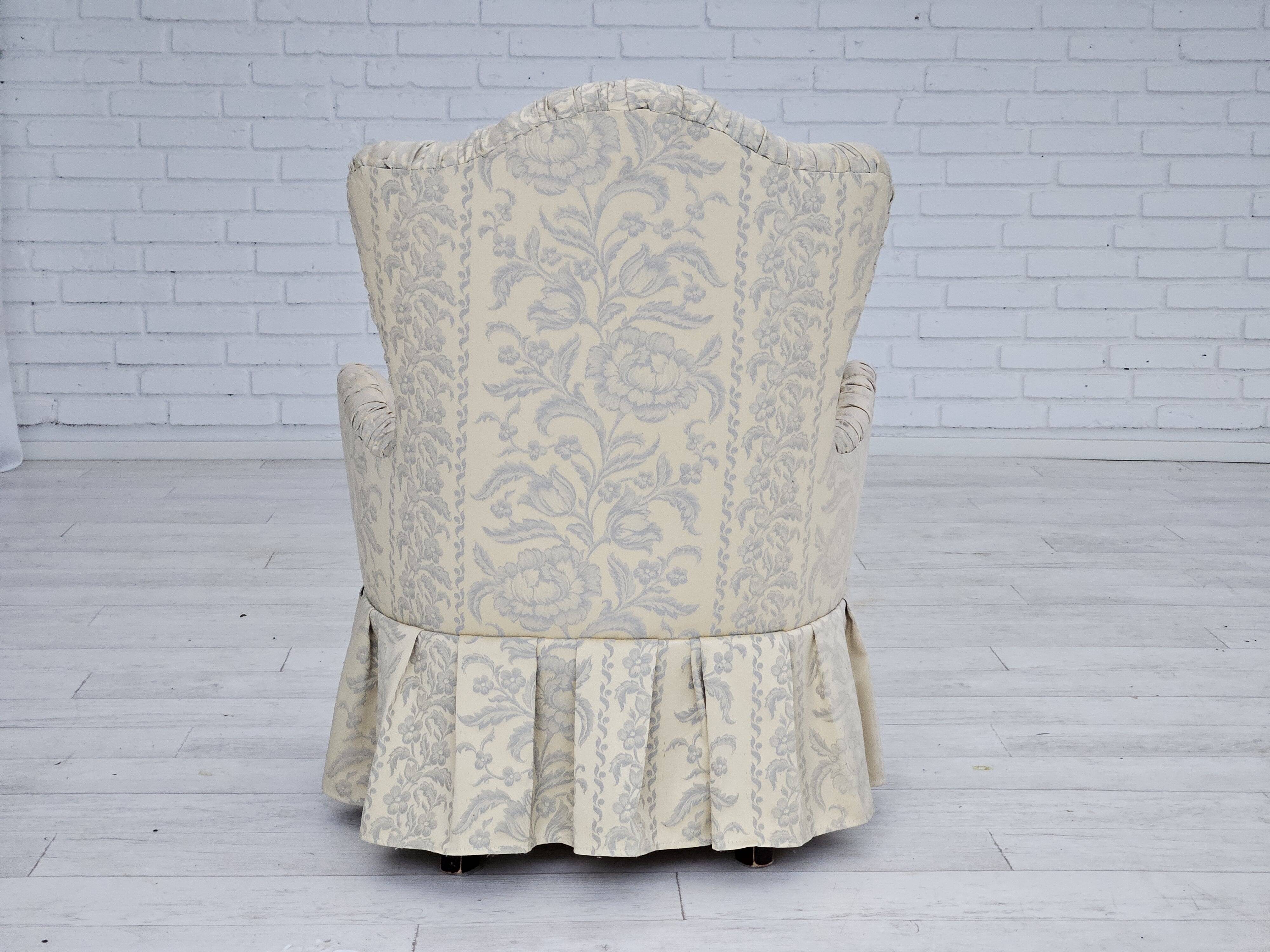 1950s, Danish armchair, reupholstered, creamy/white floral fabric.