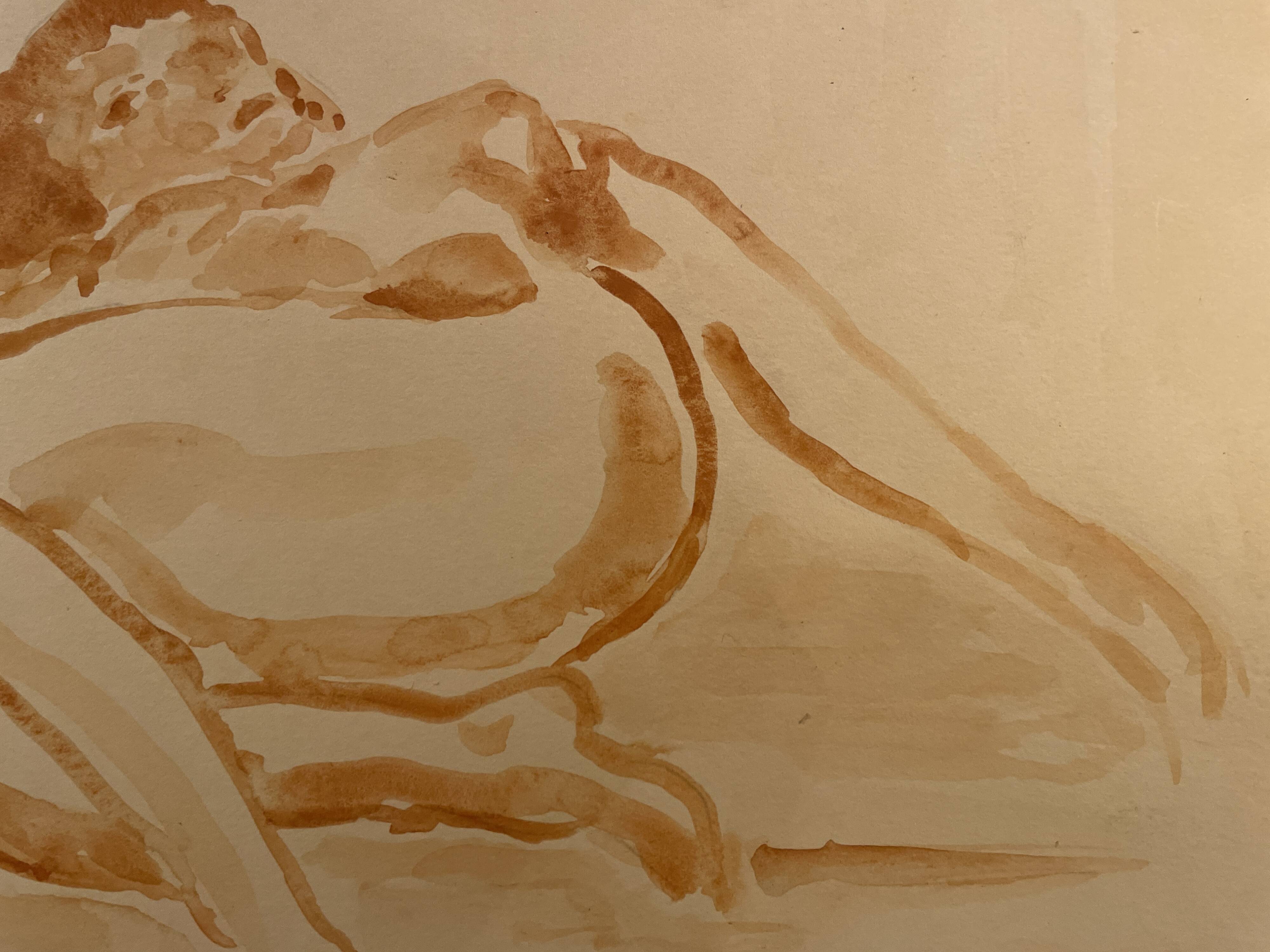 Signed painting monochrome watercolor female portrait "reclining study"