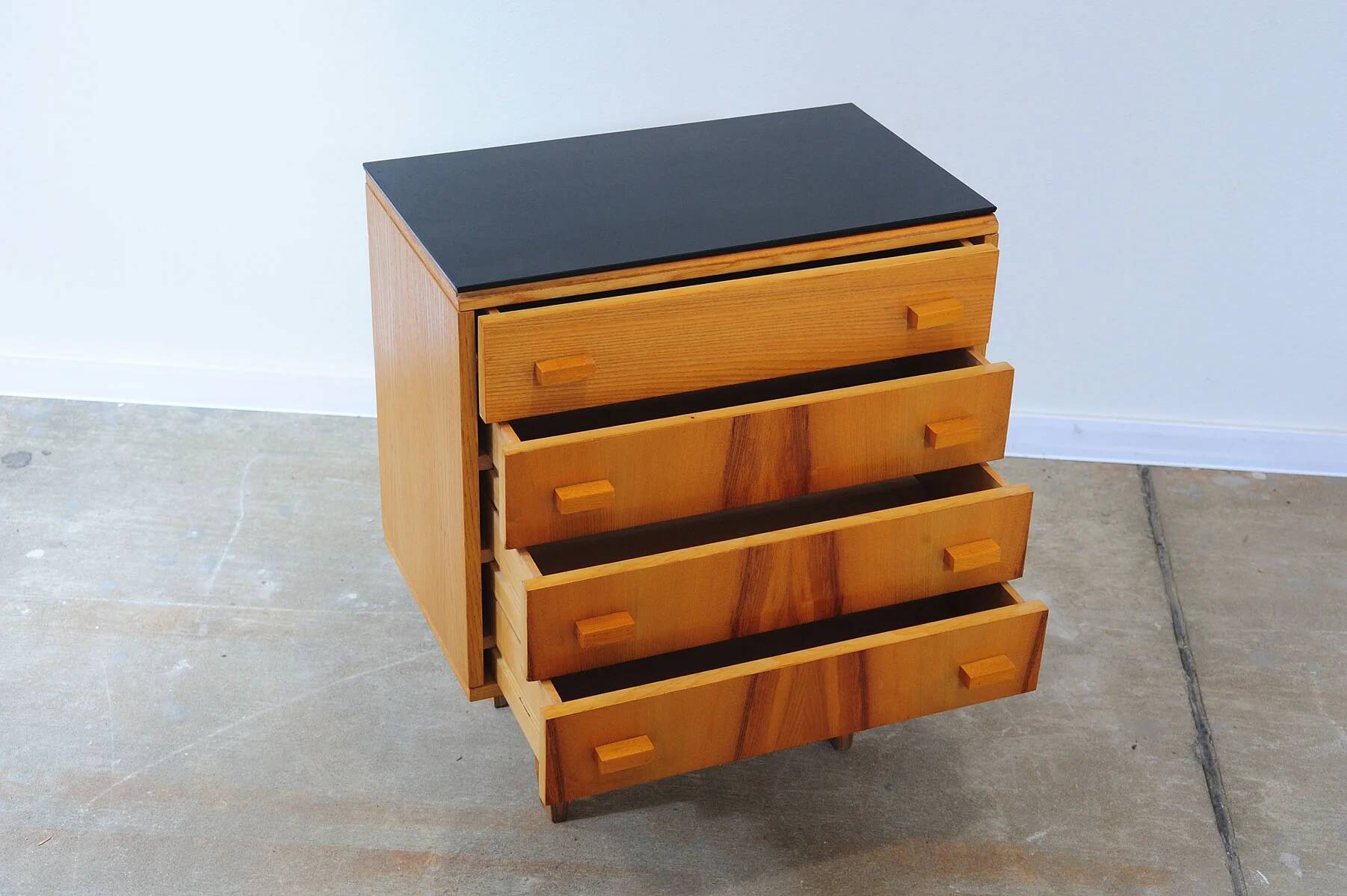 Mid-century bedside tables with ash veneer and black glass by František Mezulánik, Nový Domov, Czechoslovakia, 1970s.
