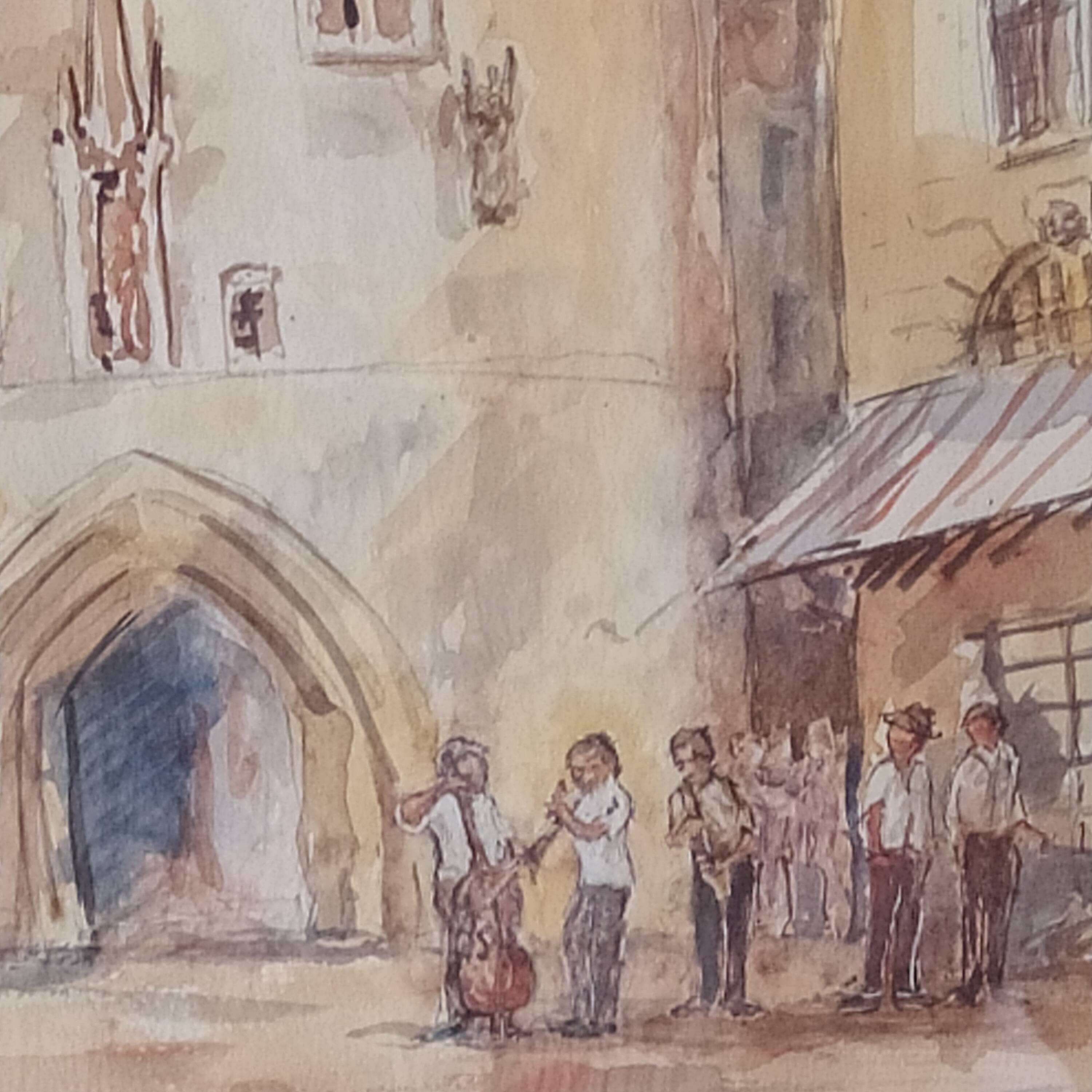 Watercolor "Music Festival at Porte Cailhau" Bordeaux signed Fouquet