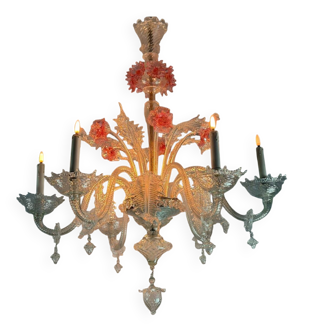 Lustre vénitien en verre de Murano incolore et rouge six bras de lumière vers 1940