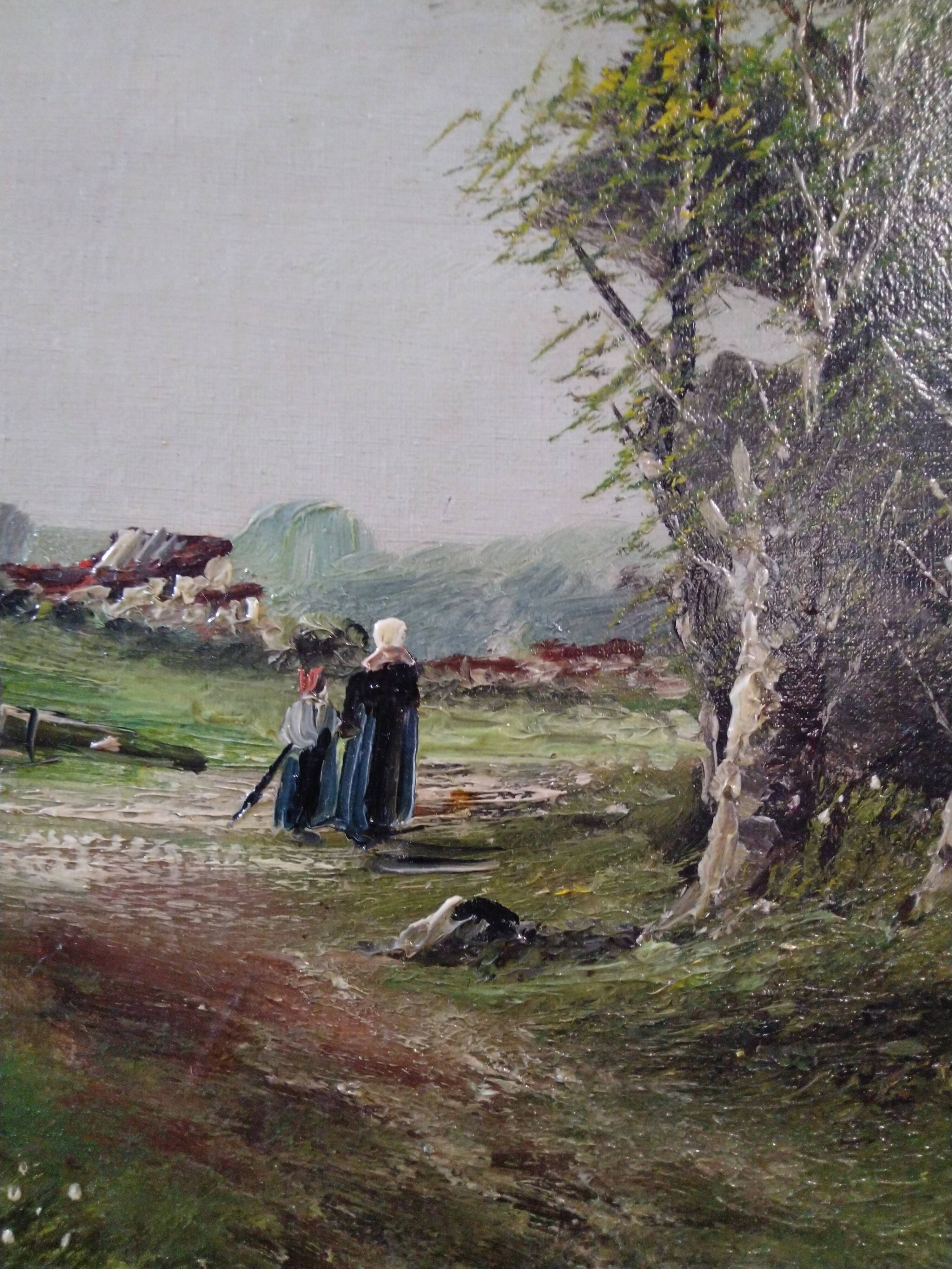 Oil on canvas painting characters on a country road
