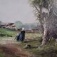 Oil on canvas painting characters on a country road