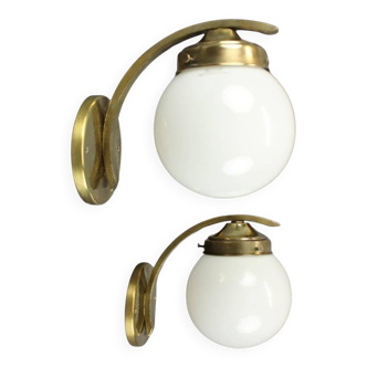 Pair of Art Deco wall sconces in brass and opaline glass, Europe, 1930s