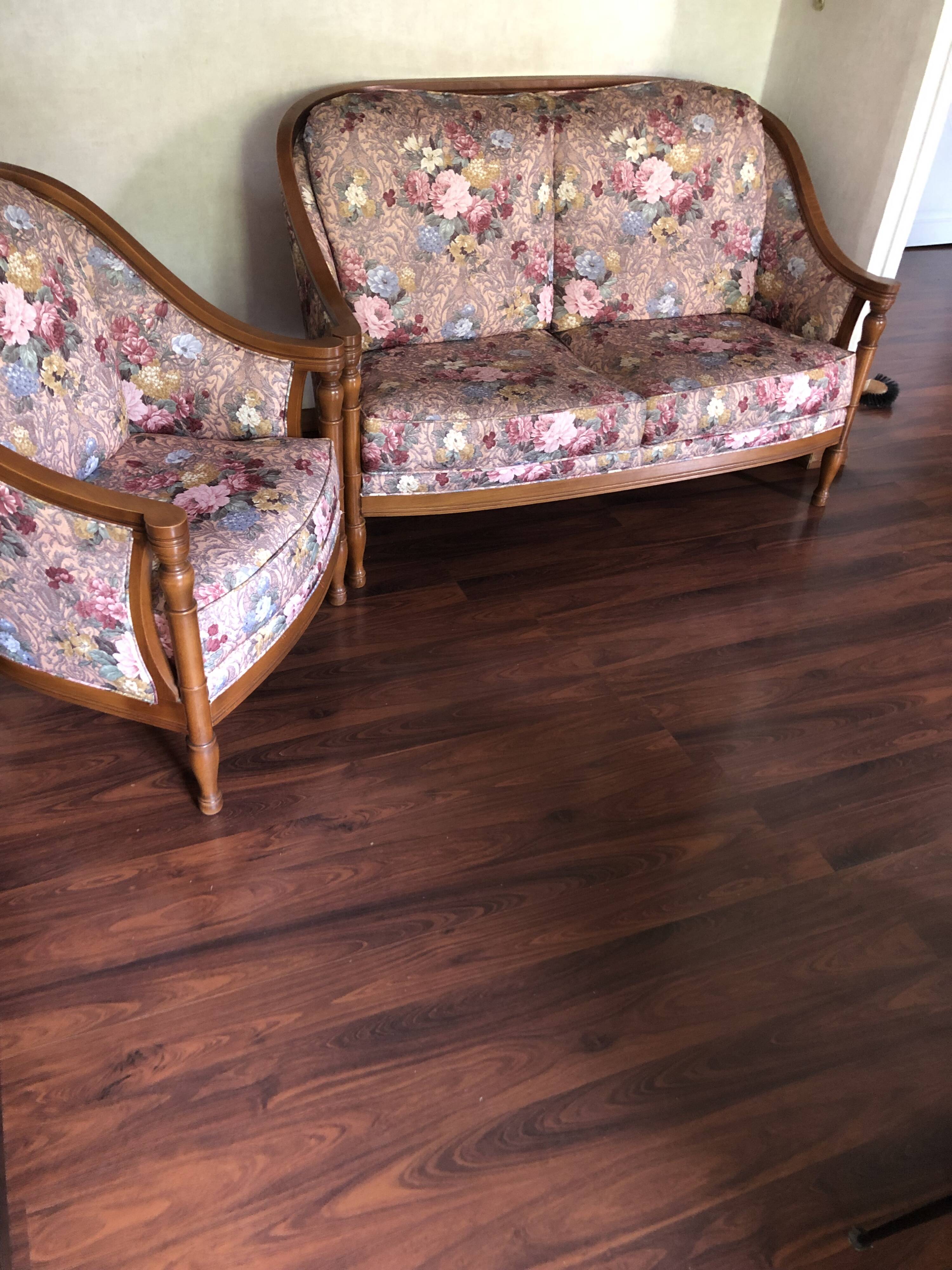Lot of vintage sofa and armchair with floral patterns.