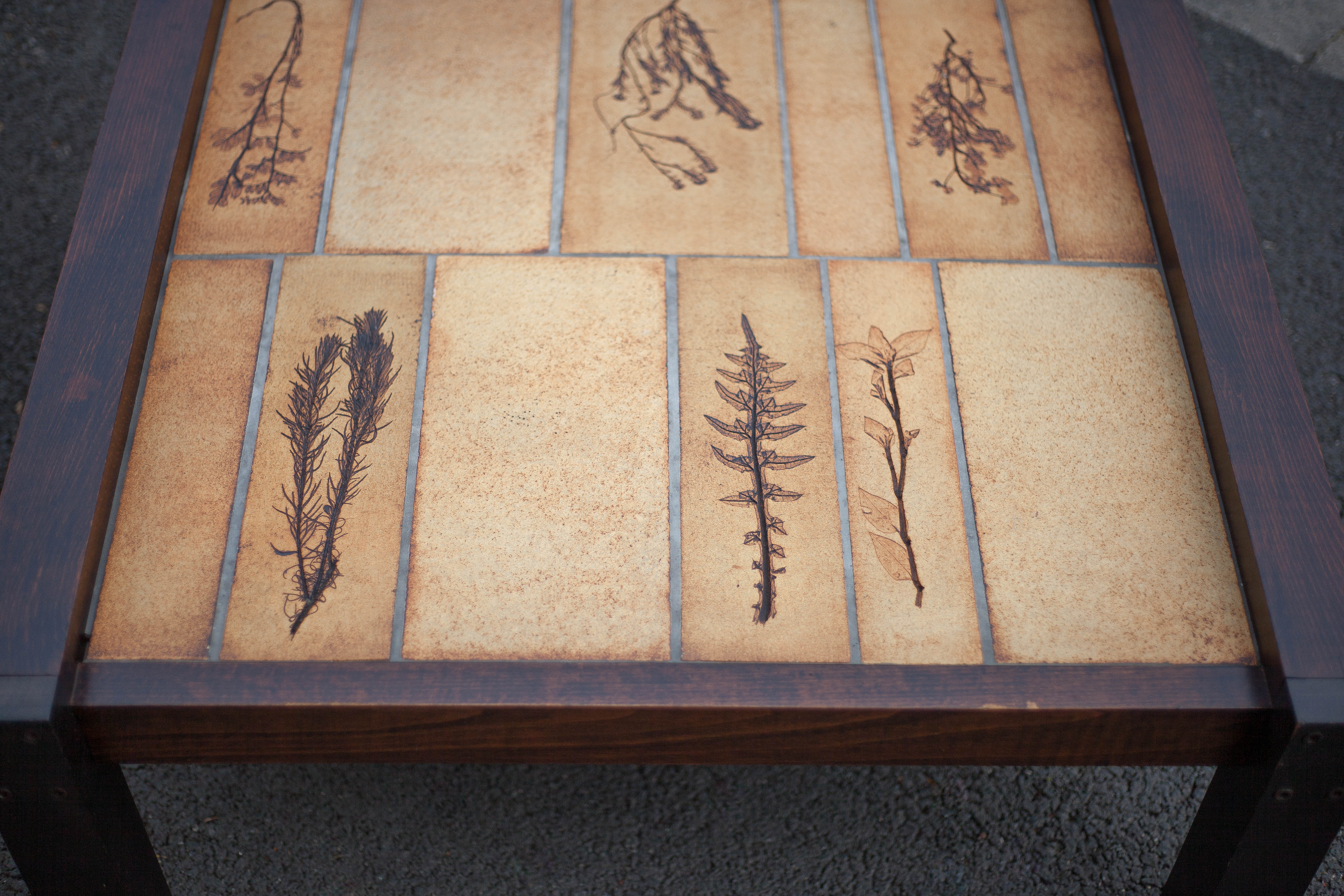 Herbarium ceramic coffee table with wooden structure, capron table, interior decoration