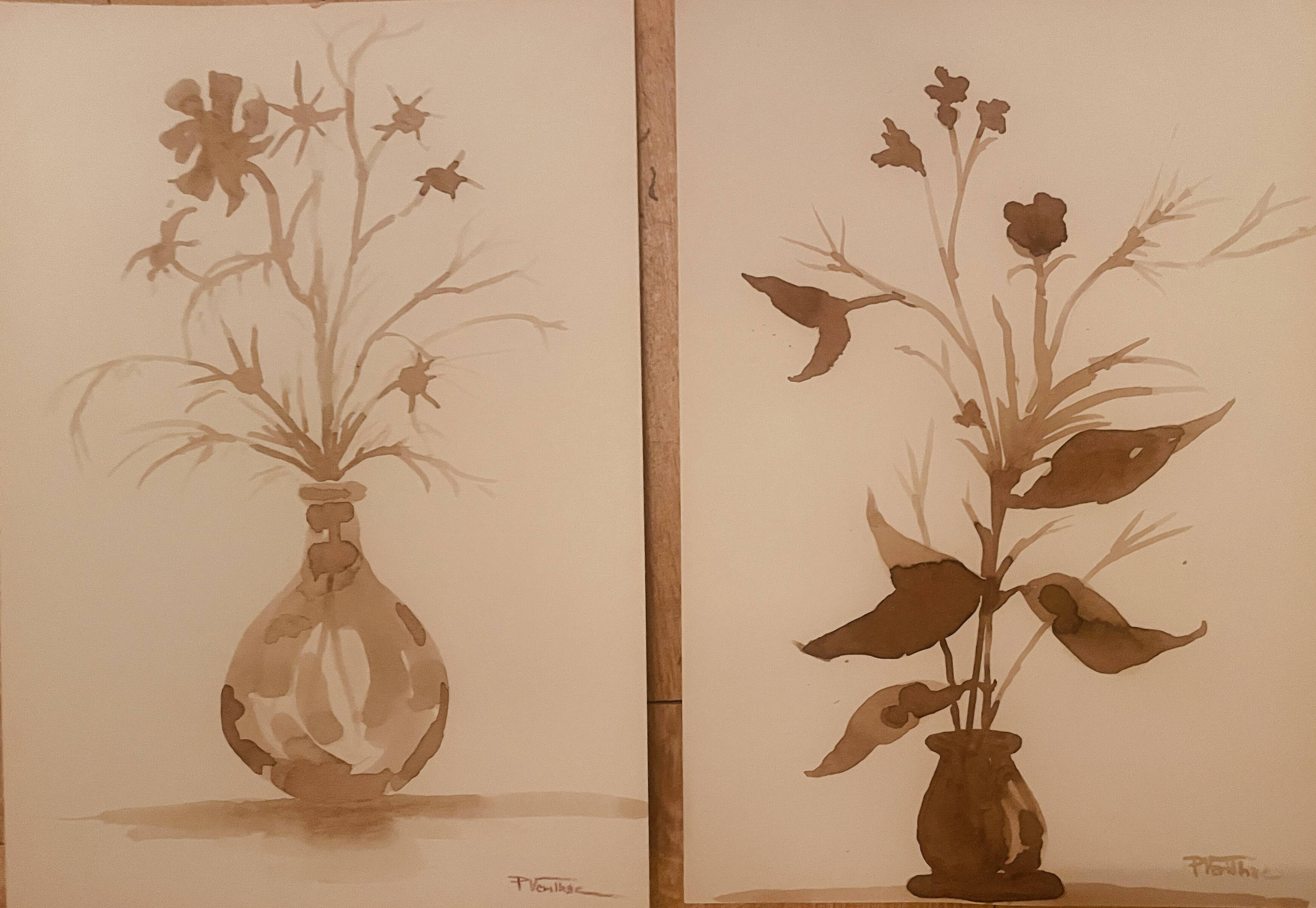 Lot de 3 tableaux nature morte vases fleurs séchées style Wabi Sabi