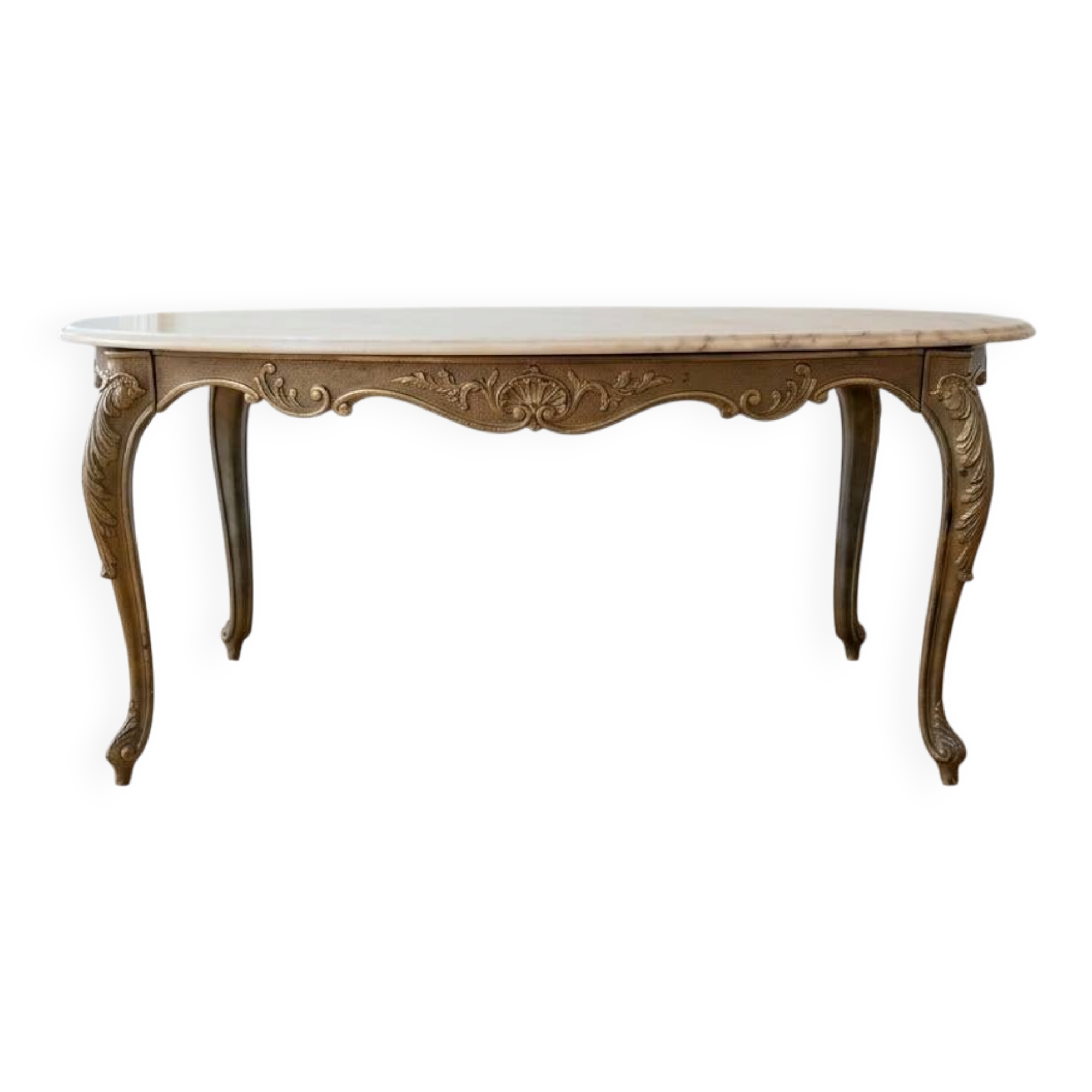 Vintage oval coffee table in marble and gold brass.