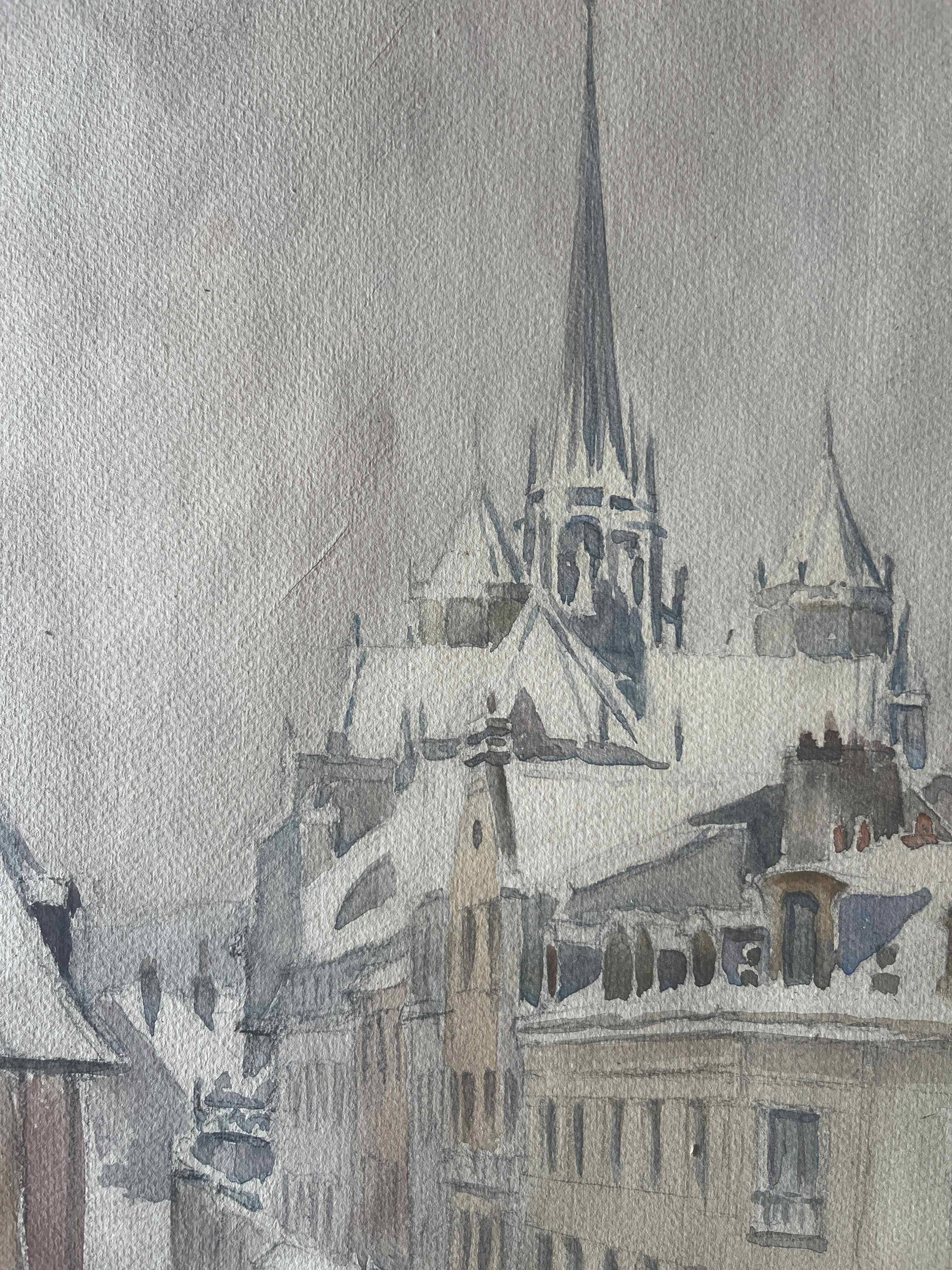 Two-sided watercolor painting Dijon Cathedral St Benigne/ Ouche by Henri Gabet 1899