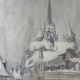 Two-sided watercolor painting Dijon Cathedral St Benigne/ Ouche by Henri Gabet 1899