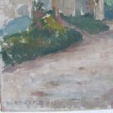 Tableau ancien - Rue de village animée avec son clocher