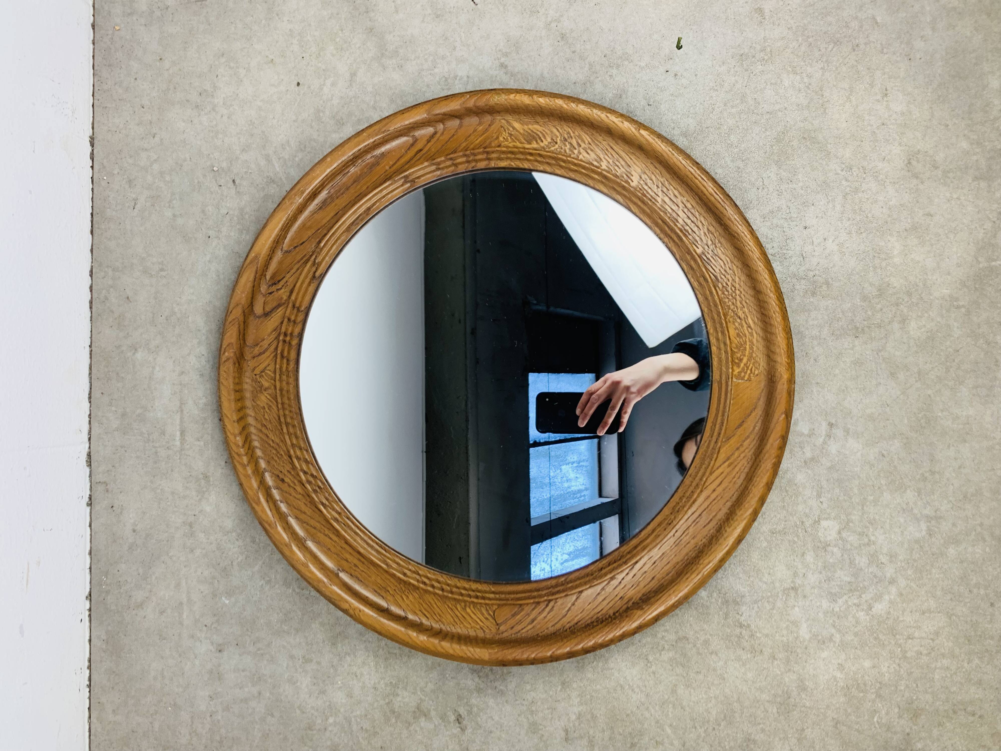 Round mirror with oak frame, vintage