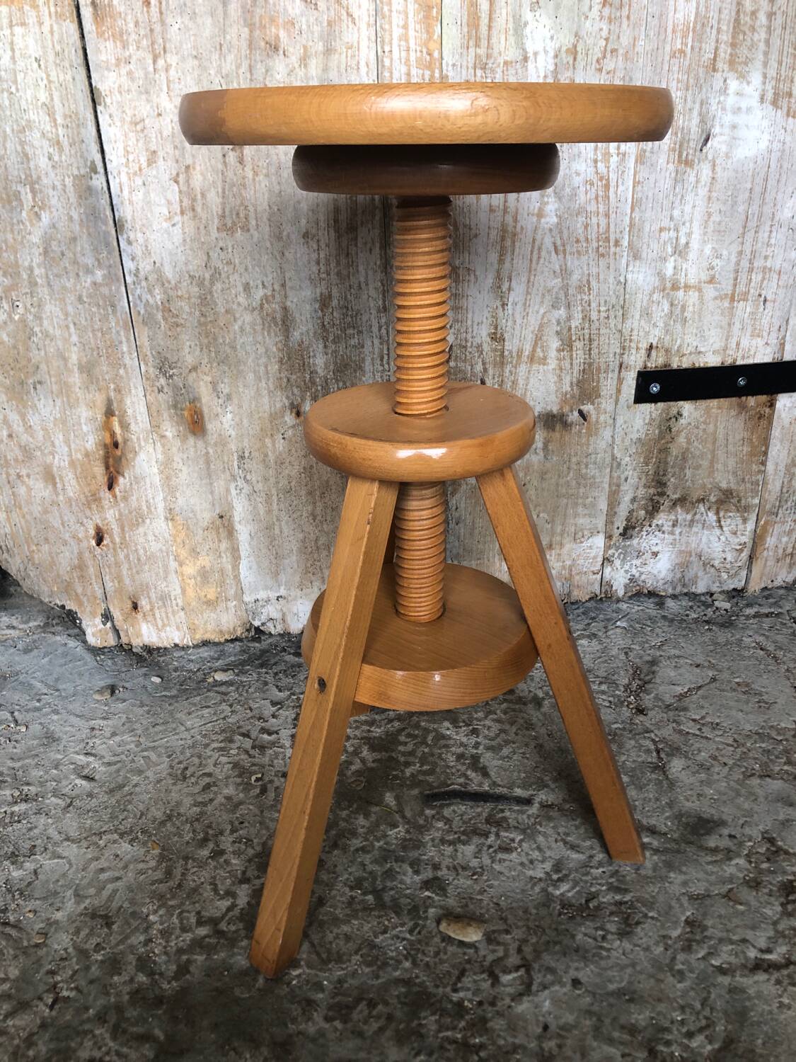 Vintage Light Wood Tripod Screw Painter's Stool #A632