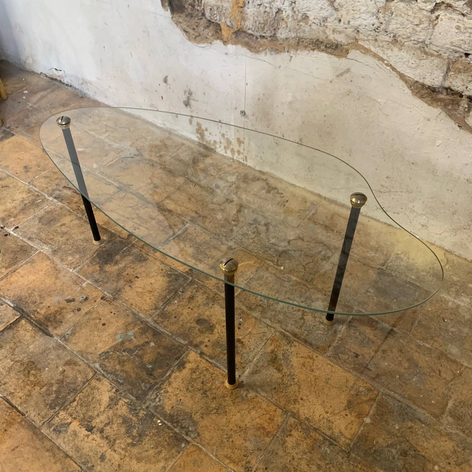 Pair of two 1950s glass and metal coffee tables, in the style of Edoardo Paoli