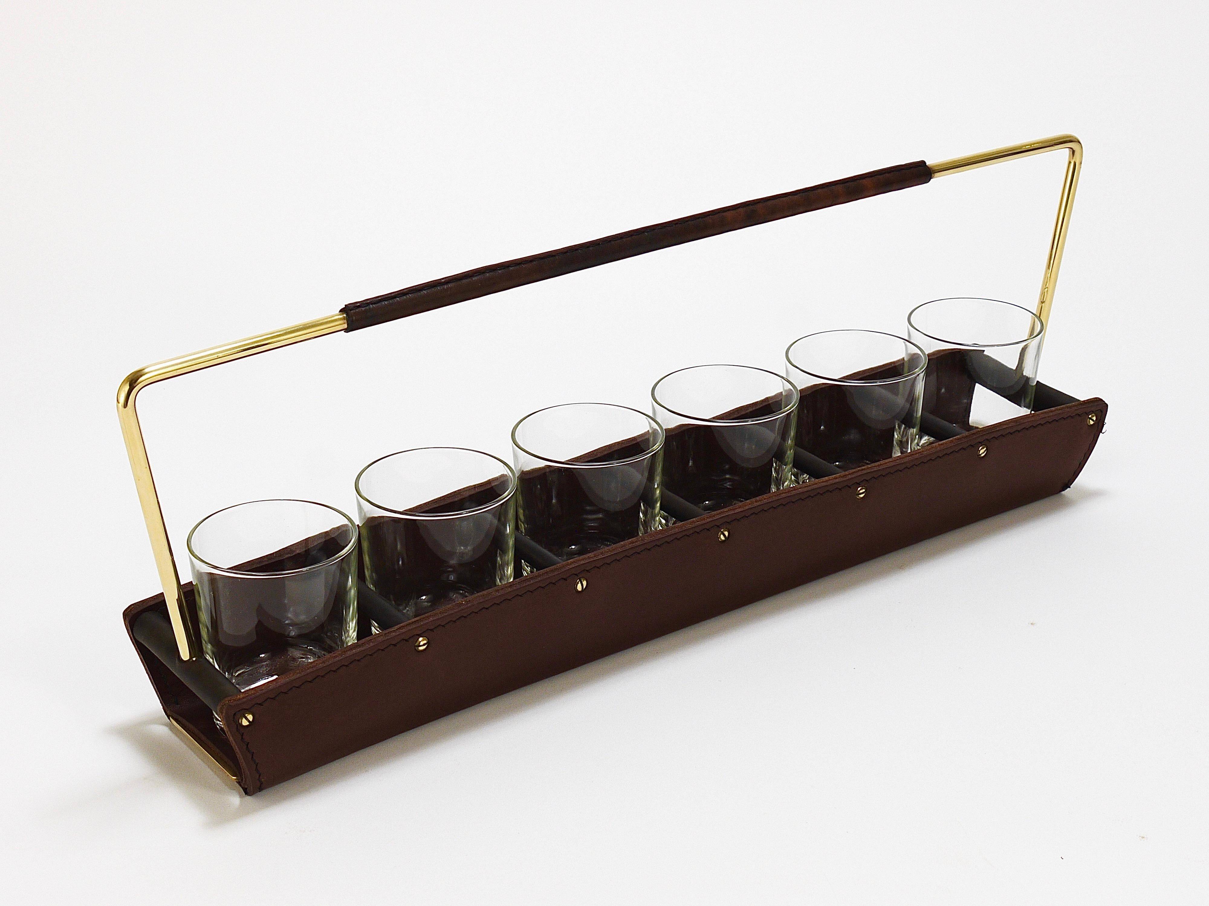 Carl Auböck II drinking glass holder, leather and brass, Austria 1950s
